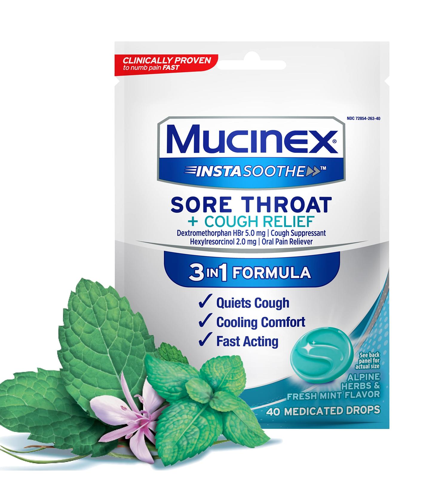 Mucinex InstaSoothe Sore Throat + Cough Relief Drops - Alpine Herbs & Mint Flavor | Fast-Acting, Cooling Comfort Formula | Powerful Oral Pain Reliever (40ct) - Buy Online on GoSupps.com