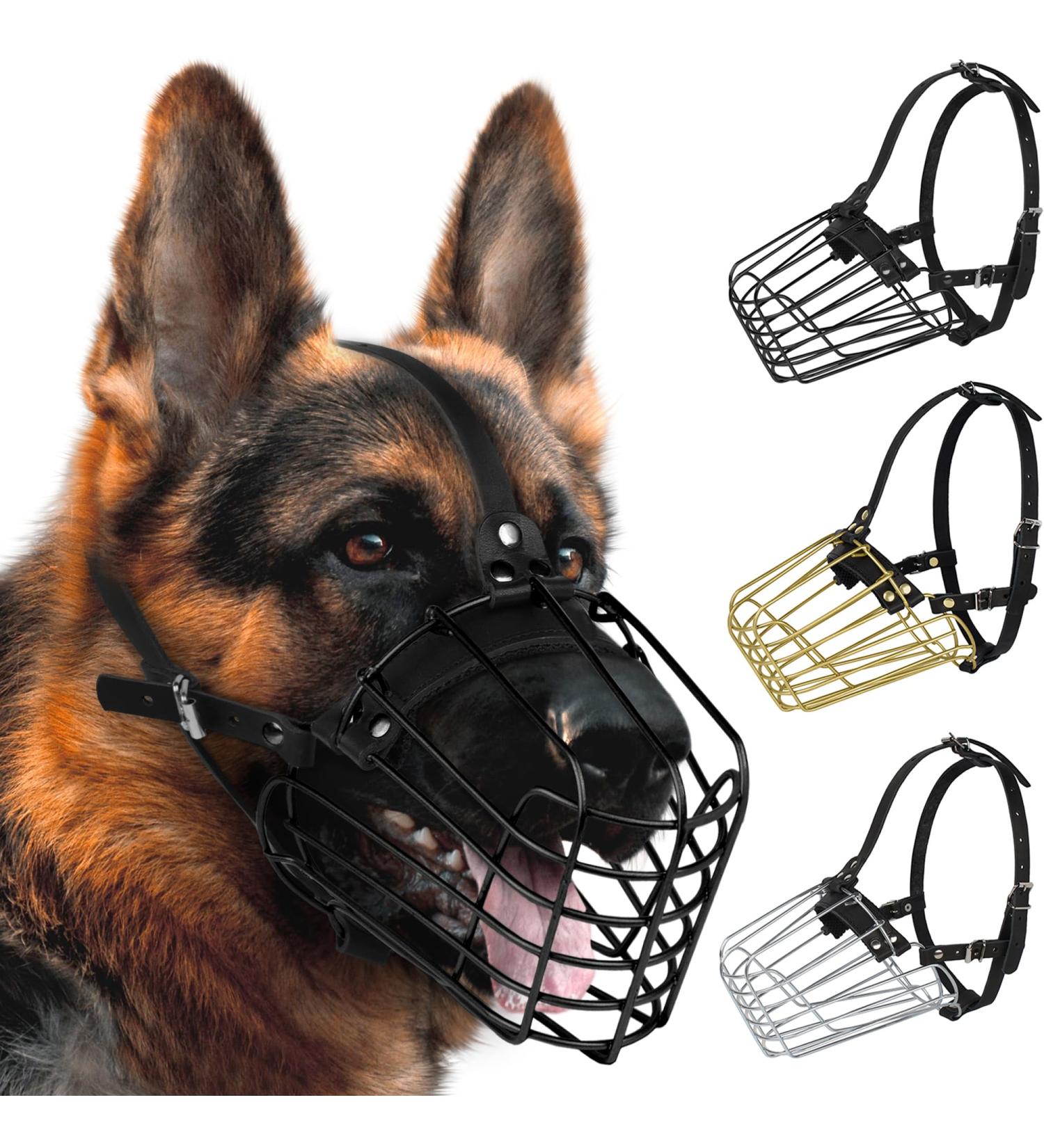 Budkas German Shepherd Metal Basket Muzzle for Medium Dogs - Adjustable Durable Leather Straps Safe for Chewing - Black Size L - Buy Online on GoSupps.com