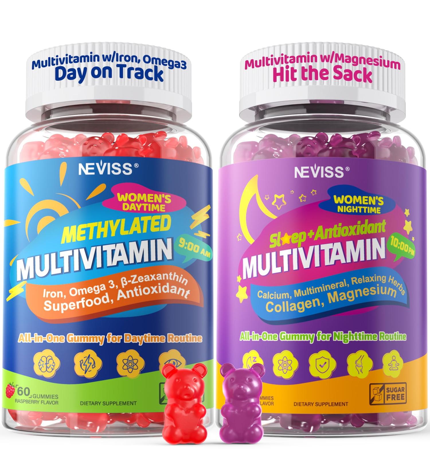 NEVISS 52-in-1 Methylated Multivitamin for Women Gummies with Iron Omega-3 B6 B9 B12 for Day | Magnesium Glycinate Calcium Collagen for Night Renewal/Sleep Womens 18 30 40 50 60 70+ AM PM Daily - Buy Online on GoSupps.com