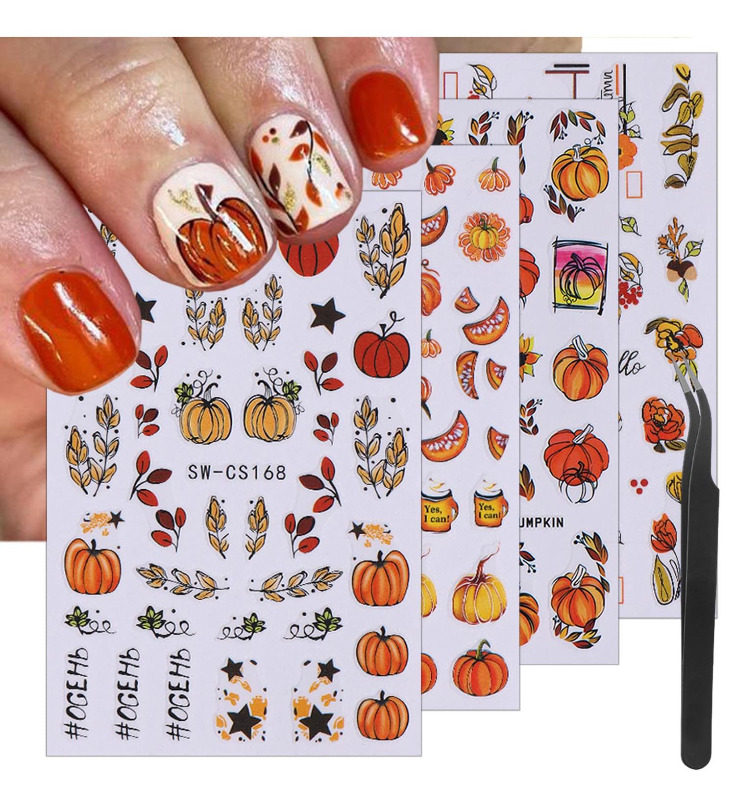 8 Sheets Pumpkin Nail Art Stickers | 3D Self-Adhesive Autumn Leaves & Harvest Designs | Thanksgiving Nail Decals for Women & Girls - Buy Online on GoSupps.com