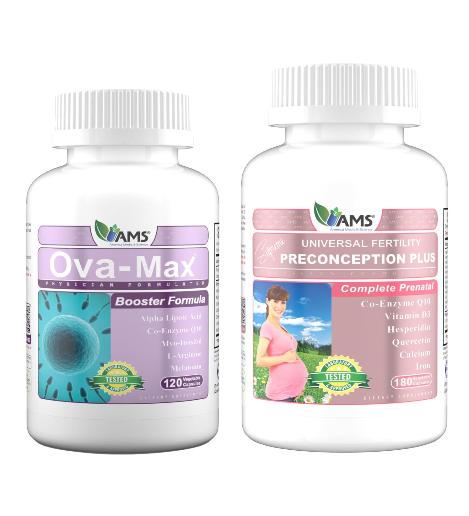 America Medic & Science OVA-Max Prenatal Vitamins for Women (120 Capsules) and Preconception Plus (180 Capsules) - Buy Online on GoSupps.com