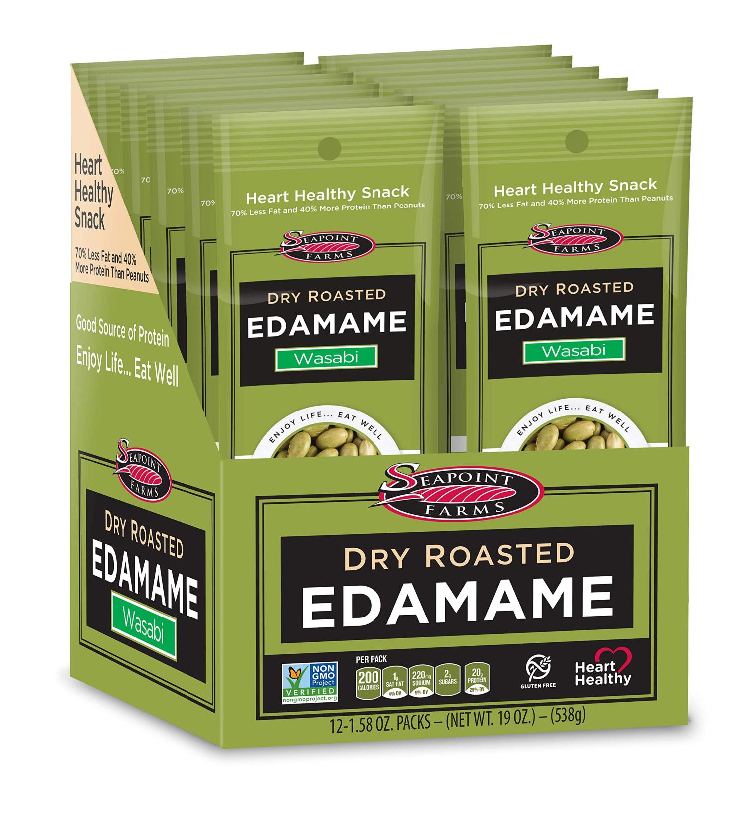 Seapoint Farms Spicy Wasabi Dry Roasted Edamame - 12 Pack (1.58 oz Each) | Healthy Snack - Buy Online on GoSupps.com