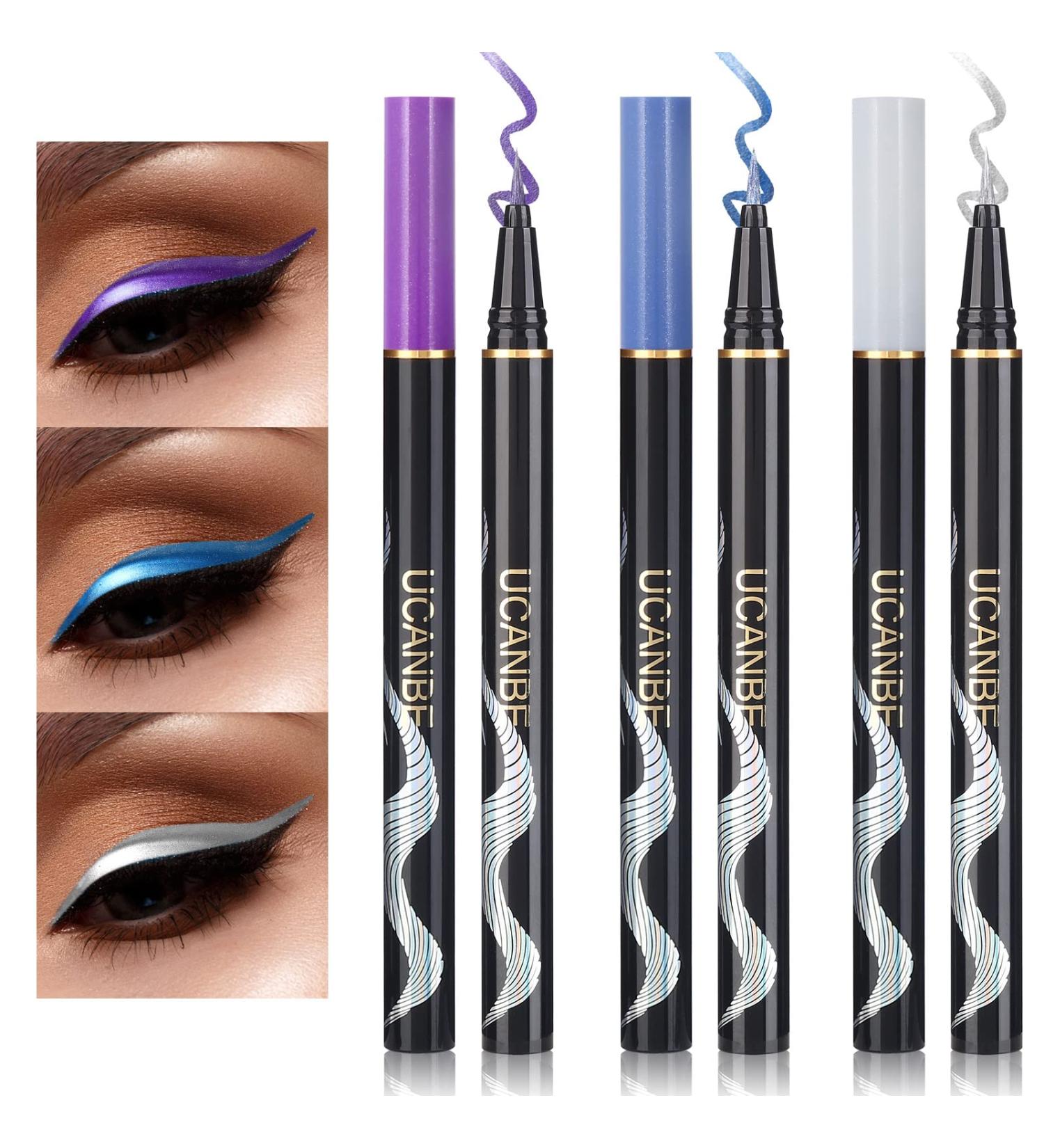 UCANBE 3 Color Metallic Waterproof Liquid Eyeliner Set - Silver Blue Purple Eye Liner Pen Kit for Long Lasting Colorful Eye Makeup | Pigmented & Waterproof | Ideal Gift for Women - Buy Online on GoSupps.com