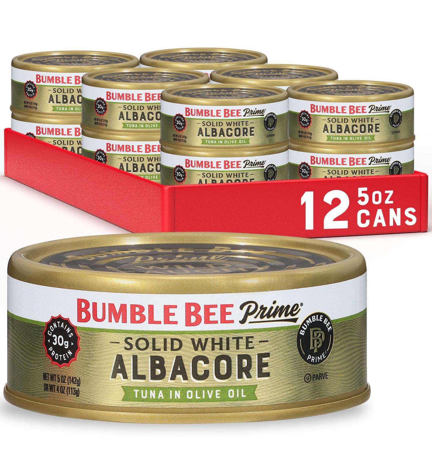 Bumble Bee Prime Solid White Albacore Tuna in Olive Oil, 5 oz Cans (Pack of 12) - Premium Wild Caught Tuna - 30g Protein per Serving - Non-GMO Project Verified, Gluten Free, Kosher - Buy Online on GoSupps.com