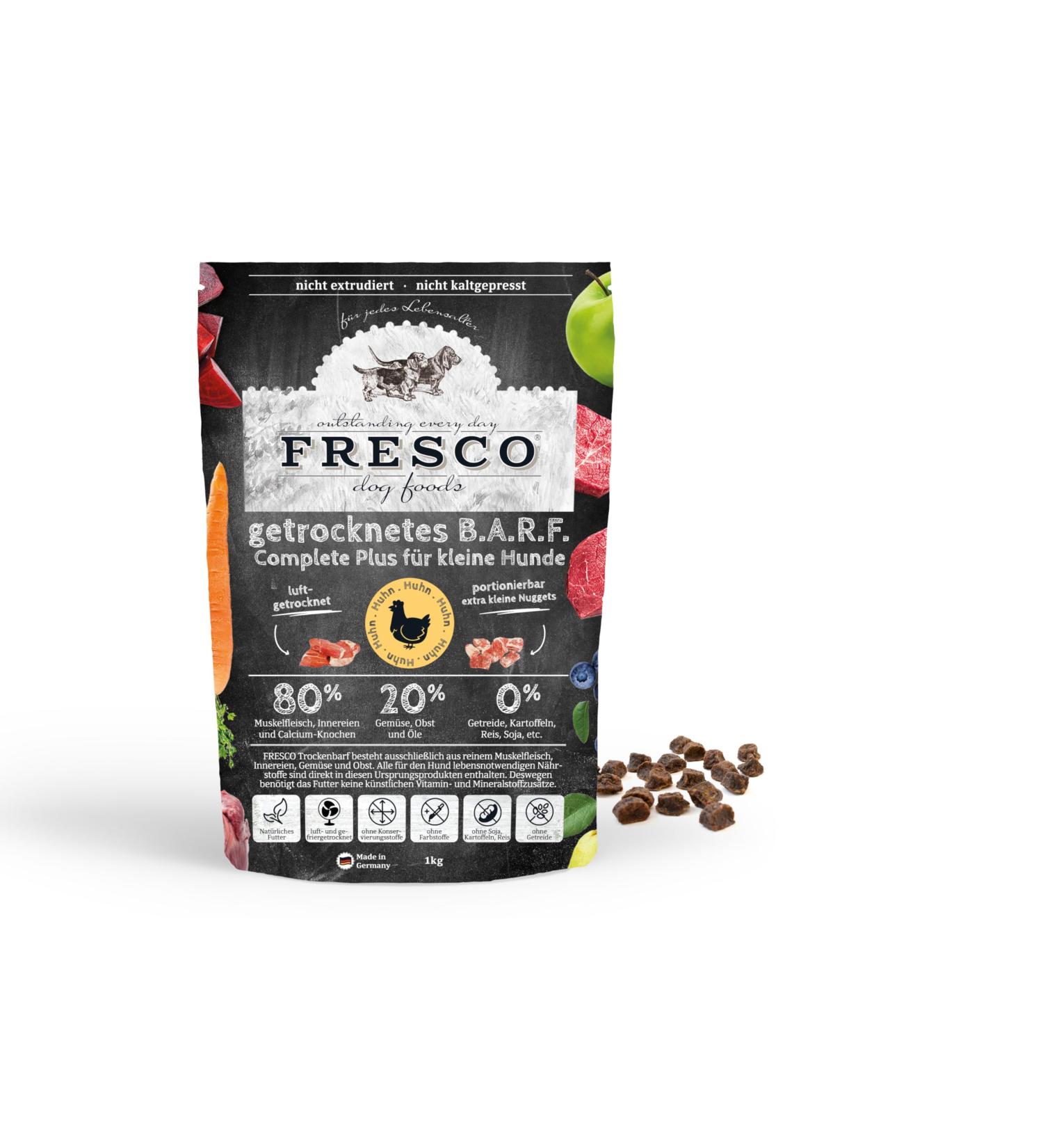 Fresco Trockenbarf Complete Plus Chicken | 1 kg | Dry barf for small dogs | Consisting of pure muscle meat offal and calcium bones from chicken as well as fruits vegetables and oil - Buy Online on GoSupps.com