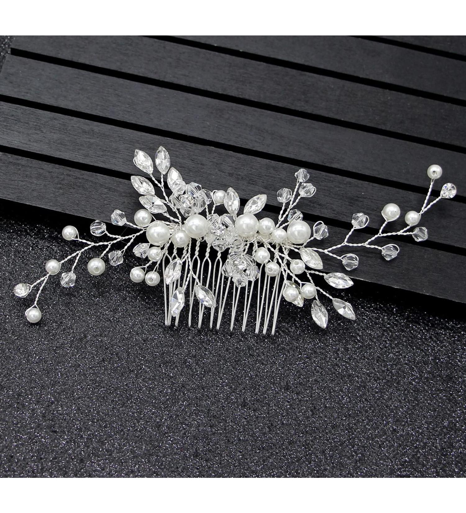 Silver Crystal Flower Bride Wedding Hair Comb with Pearl - Bridal Headpiece for Women - Elegant Hair Accessories - 1 Pack - Buy Online on GoSupps.com