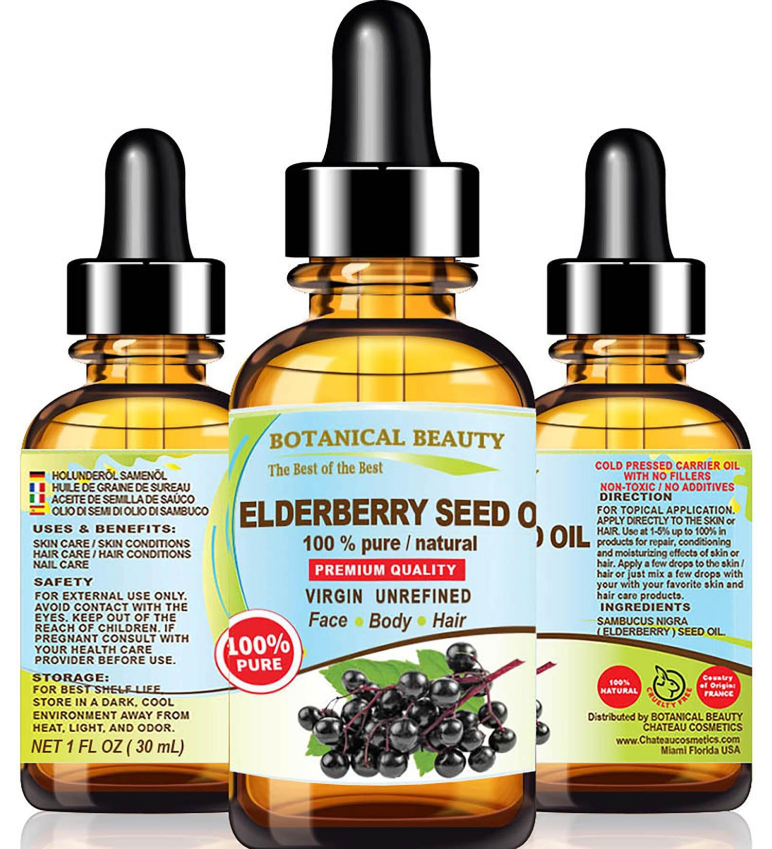 Belgian Elderberry Seed Oil - 100% Pure Cold Pressed Carrier Oil for Face Skin Hair & Nails - Anti-Aging by Botanical Beauty | 1 Fl. Oz - Buy Online on GoSupps.com