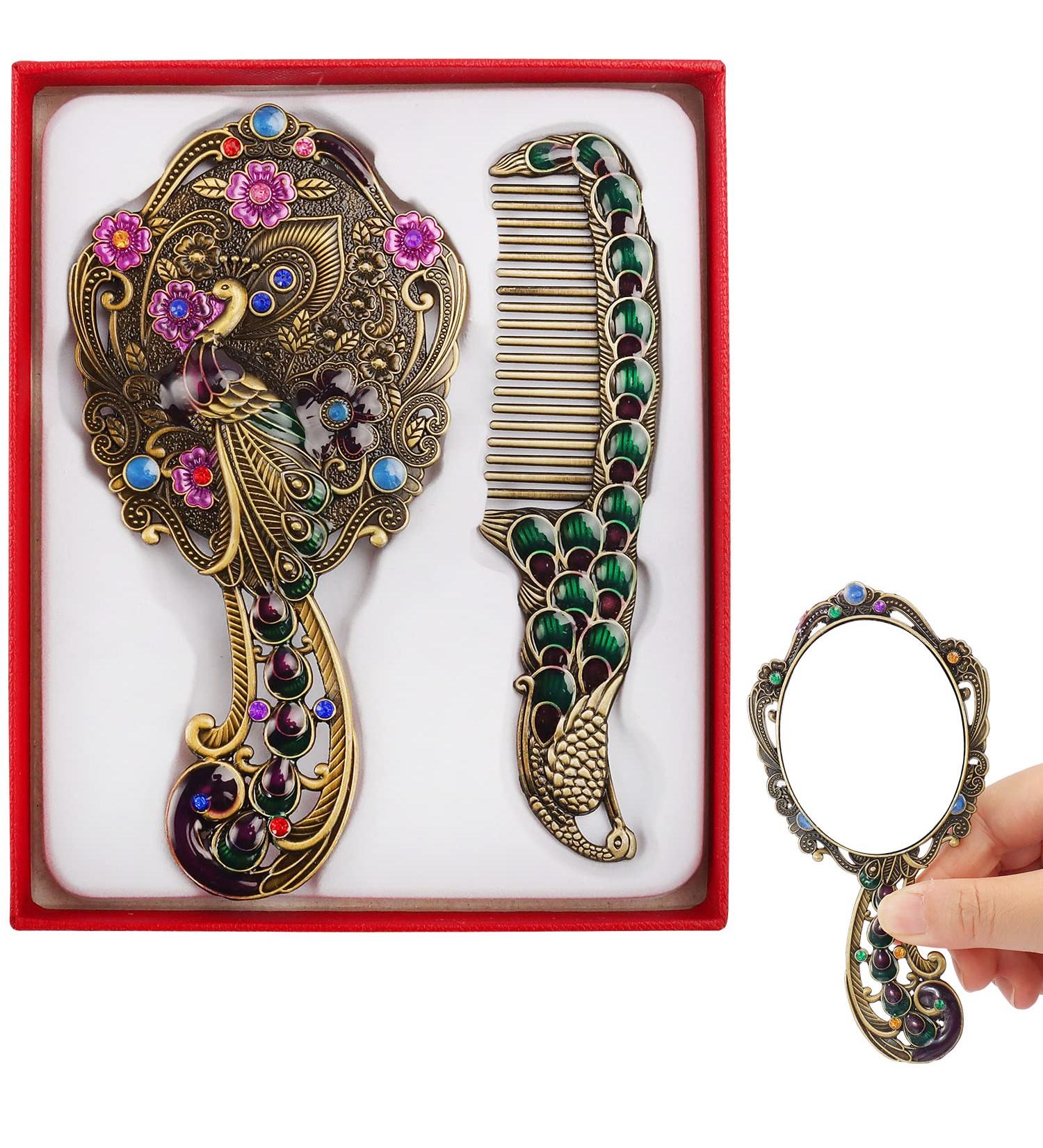 Rich Boxer Vintage Handheld Mirror Antique Comb Set | Decorative Metal Cosmetic Princess Mirror for Women | Portable Makeup Mirror for Girls | Ideal Gift (Set B) - Buy Online on GoSupps.com