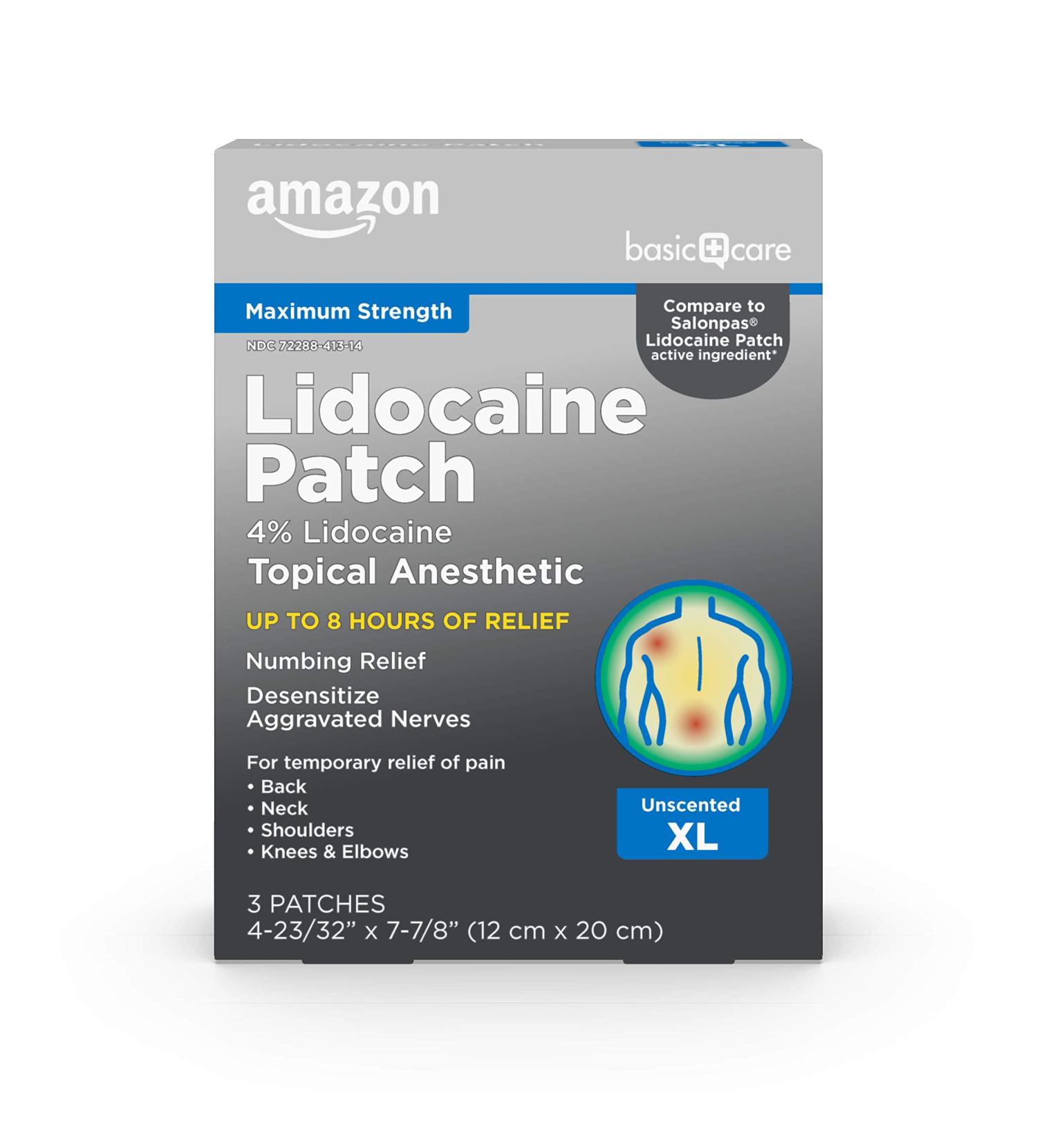 Amazon Basic Care Lidocaine Patch 4% XL - 3 Count | Topical Anesthetic Pain Relief Patch for Joint, Back, Neck, Shoulder & Knee Pain - Buy Online on GoSupps.com