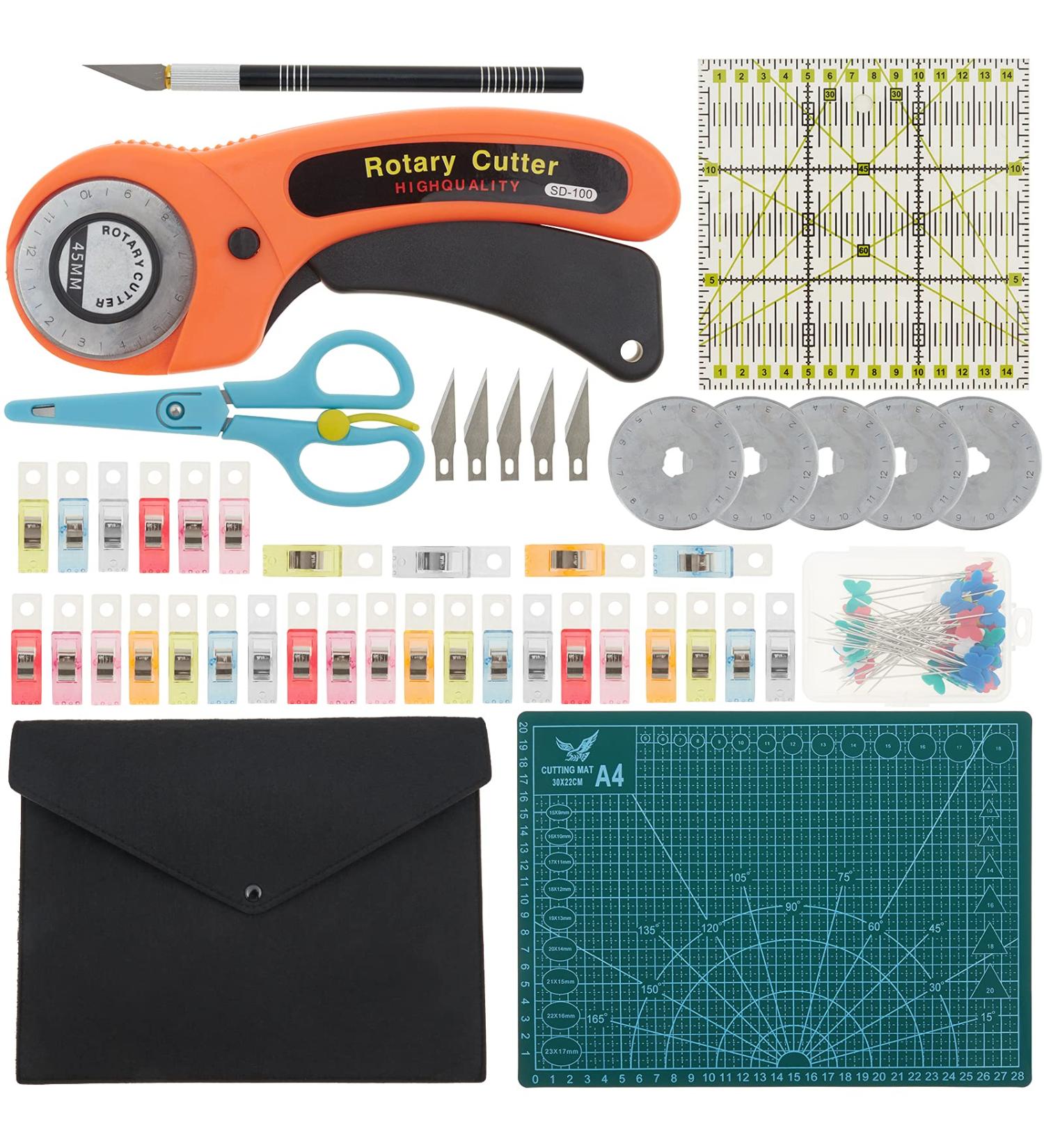 96 PCS Rotary Cutter Set with 5 Extra Blades - Quilting Kit for Crafting, Sewing, Patchworking - A4 Cutting Mat, Acrylic Ruler, Carving Knife, Craft Clips, Bags - 45mm Fabric Cutters Kit - Buy Online on GoSupps.com