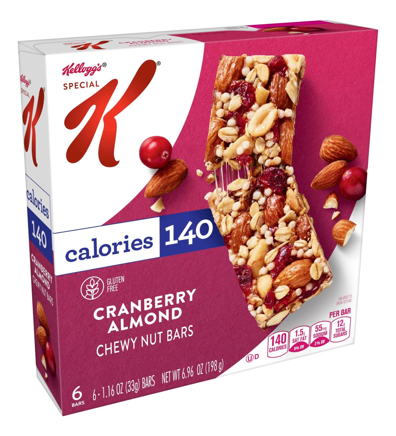 Kellogg's Special K Chewy Breakfast Bars - Cranberry Almond Flavor - Gluten-Free Snacks - 140 Calories Per Bar - 6.96oz Box (6 Bars) - Buy Online on GoSupps.com