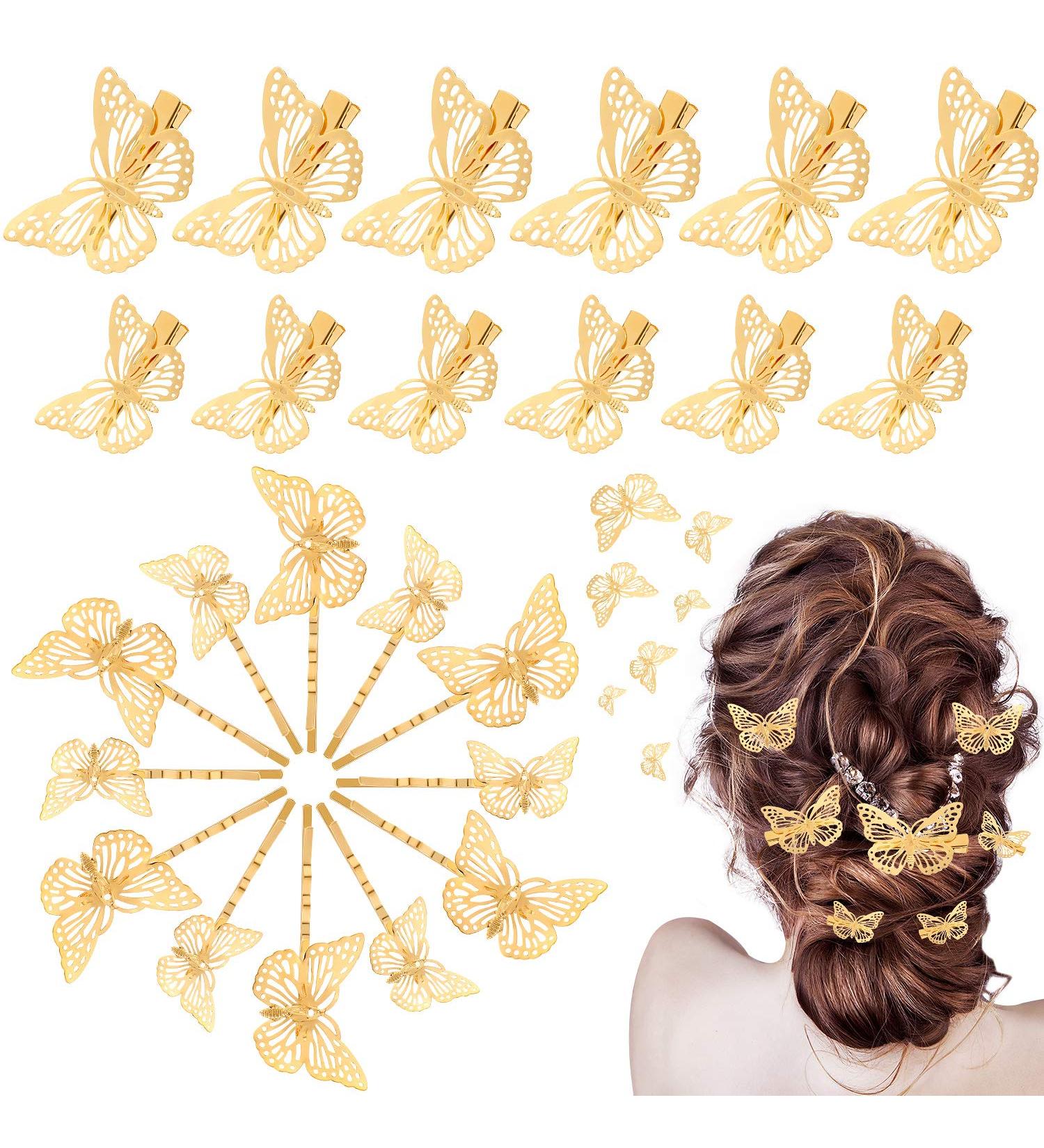 24 Piece Metallic Butterfly Hair Clips for Women and Girls - Gold, 2 Styles & Sizes - Hair Accessories for Weddings and Brides - Buy Online on GoSupps.com