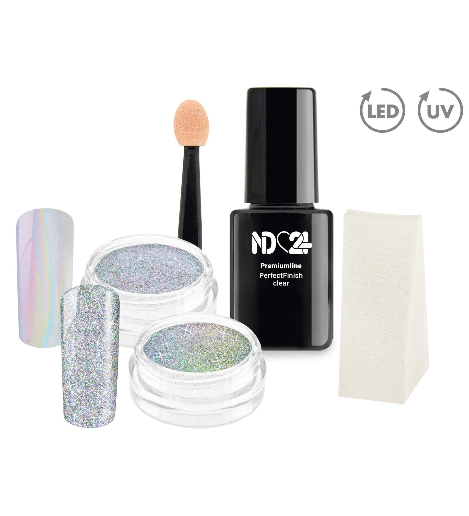 Set Nailart Unicorn + Galaxy Pigment Powder + UV Nail Gel Black & White + Perfect Finish Gel
