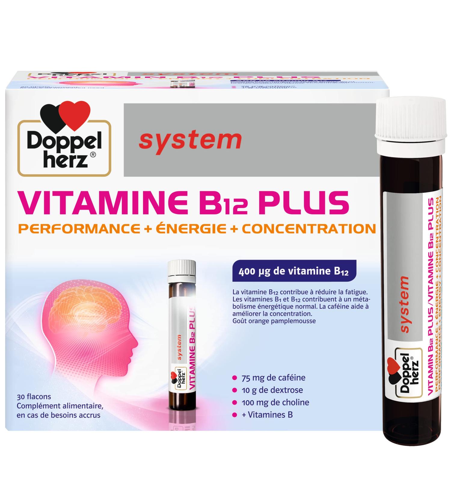 Doppelherz System VITAMIN B12 PLUS Dietary supplement Liquid Performance Energy and Concentration Orange and Grapefruit Taste 30 bottles of 25 ml - Buy Online on GoSupps.com