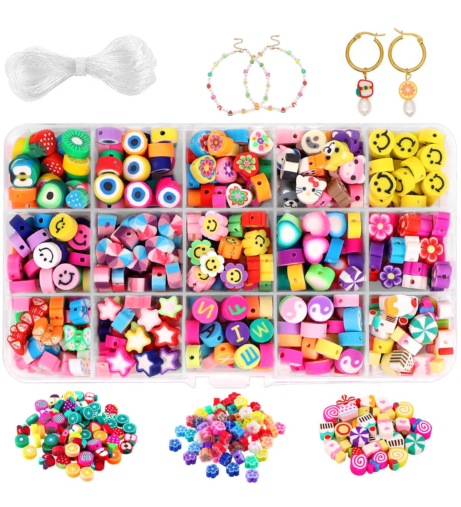 JOICEE 300PCS Handmade Polymer Clay Beads - 15 Styles Fruit Smiley Flower Letter Beads for DIY Jewelry Making Includes Elastic String - Buy Online on GoSupps.com