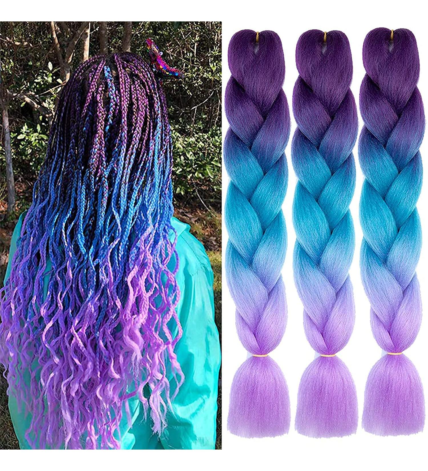 Ombre Braiding Hair - 3 Pack Kanekalon Jumbo Braid Extensions (24) - Dark Purple Lake Blue Light Purple - Perfect for Box Braids & Hair Art - Buy Online on GoSupps.com