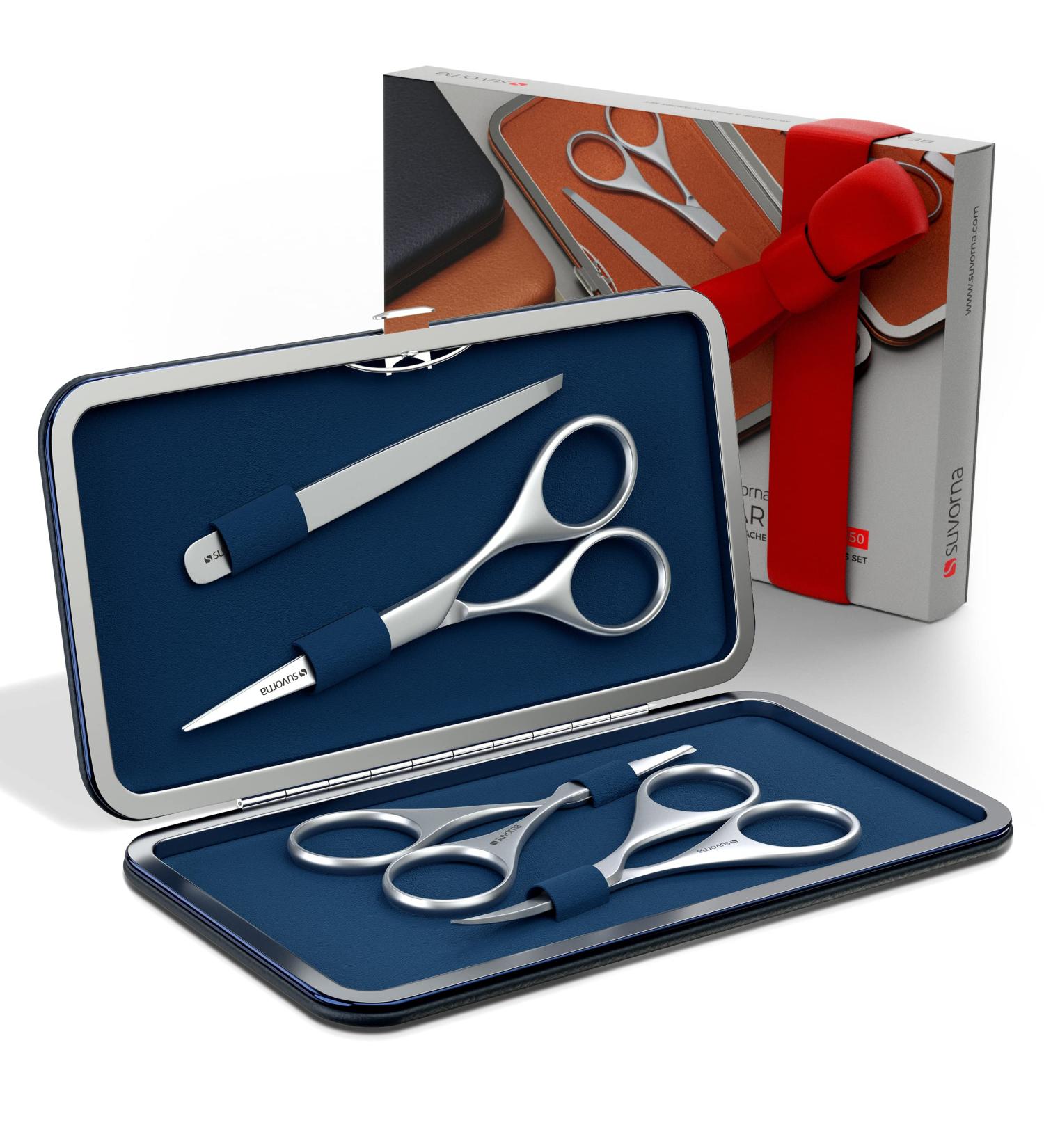 Suvorna Professional Men's Grooming Kit 4 Pcs for Facial Hair Removal & Trimming - Mustache, Beard, Ears, Nose, Eyebrow Scissors, Slant Tweezers (Dark Blue) - Buy Online on GoSupps.com