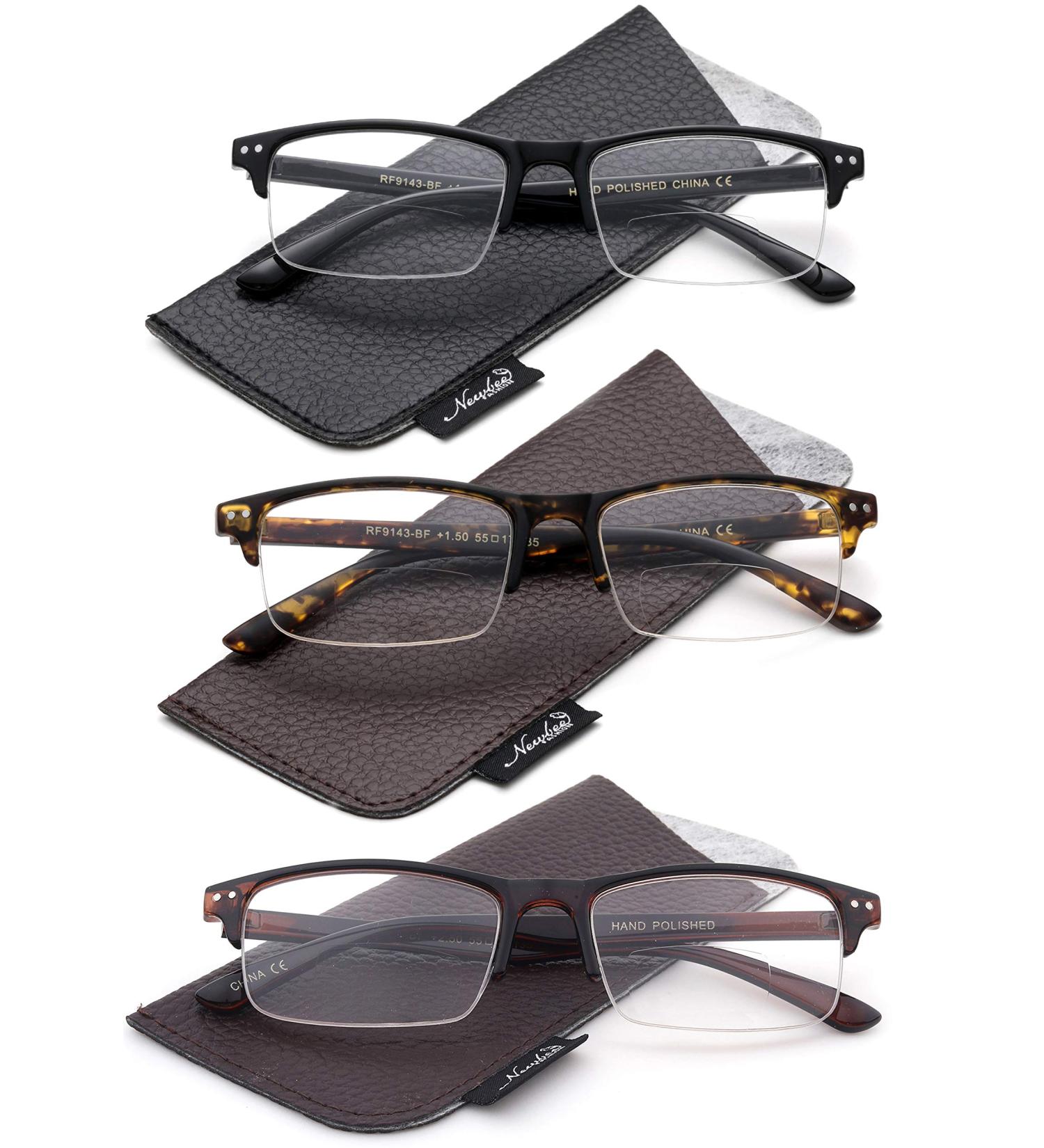 3 Pairs Bifocal Reading Glasses for Men - Half Frame 1.75X Magnification Black Tortoise & Brown with Pouch | Stylish & Comfortable International Shipping - Buy Online on GoSupps.com