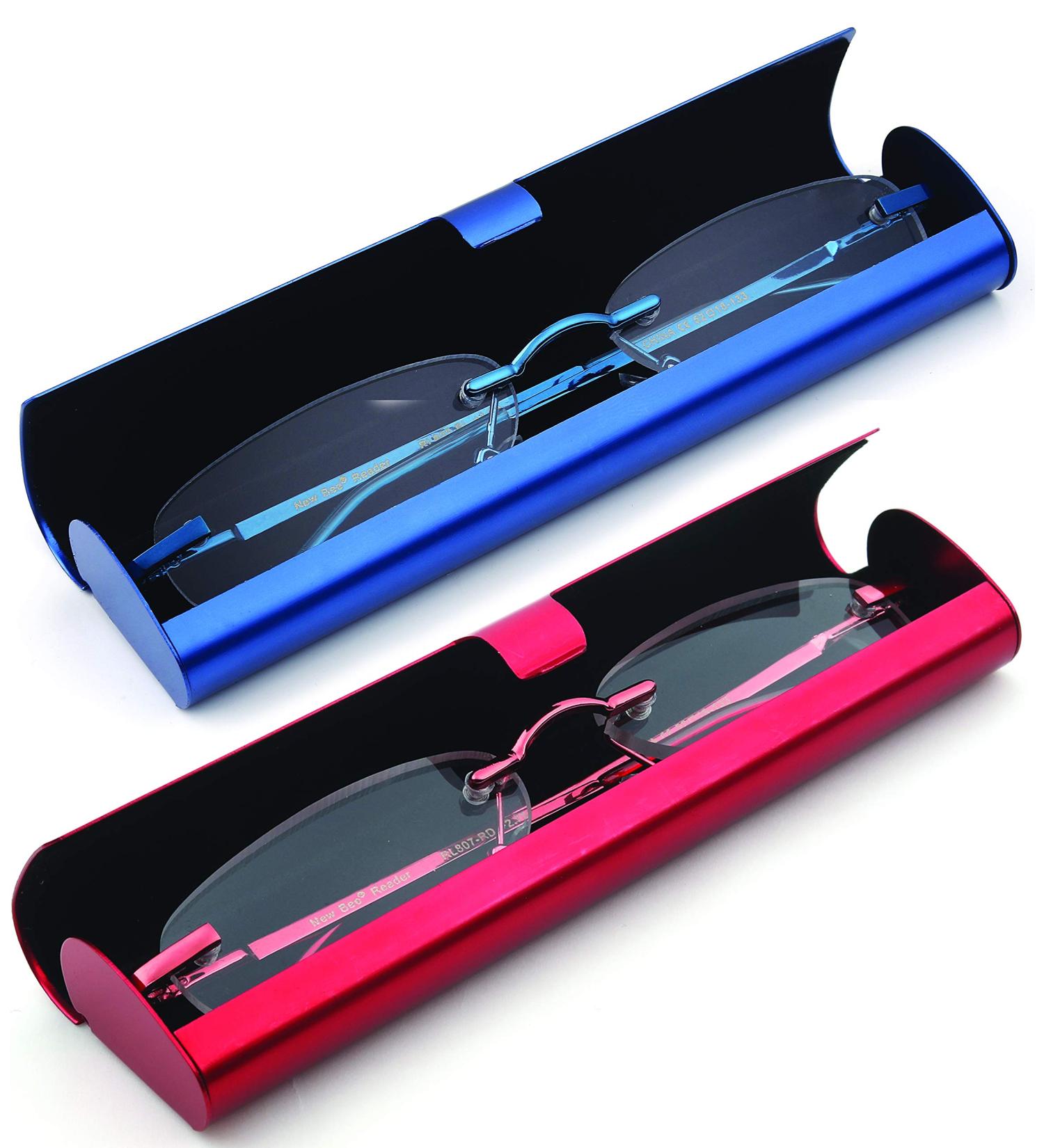 Newbee Fashion Portable Compact Reading Glasses - Slim Design Metal Rimless - 2 Pack (Blue & Red 2.75) - Lightweight Comfort Fit - International Shipping Available - Buy Online on GoSupps.com