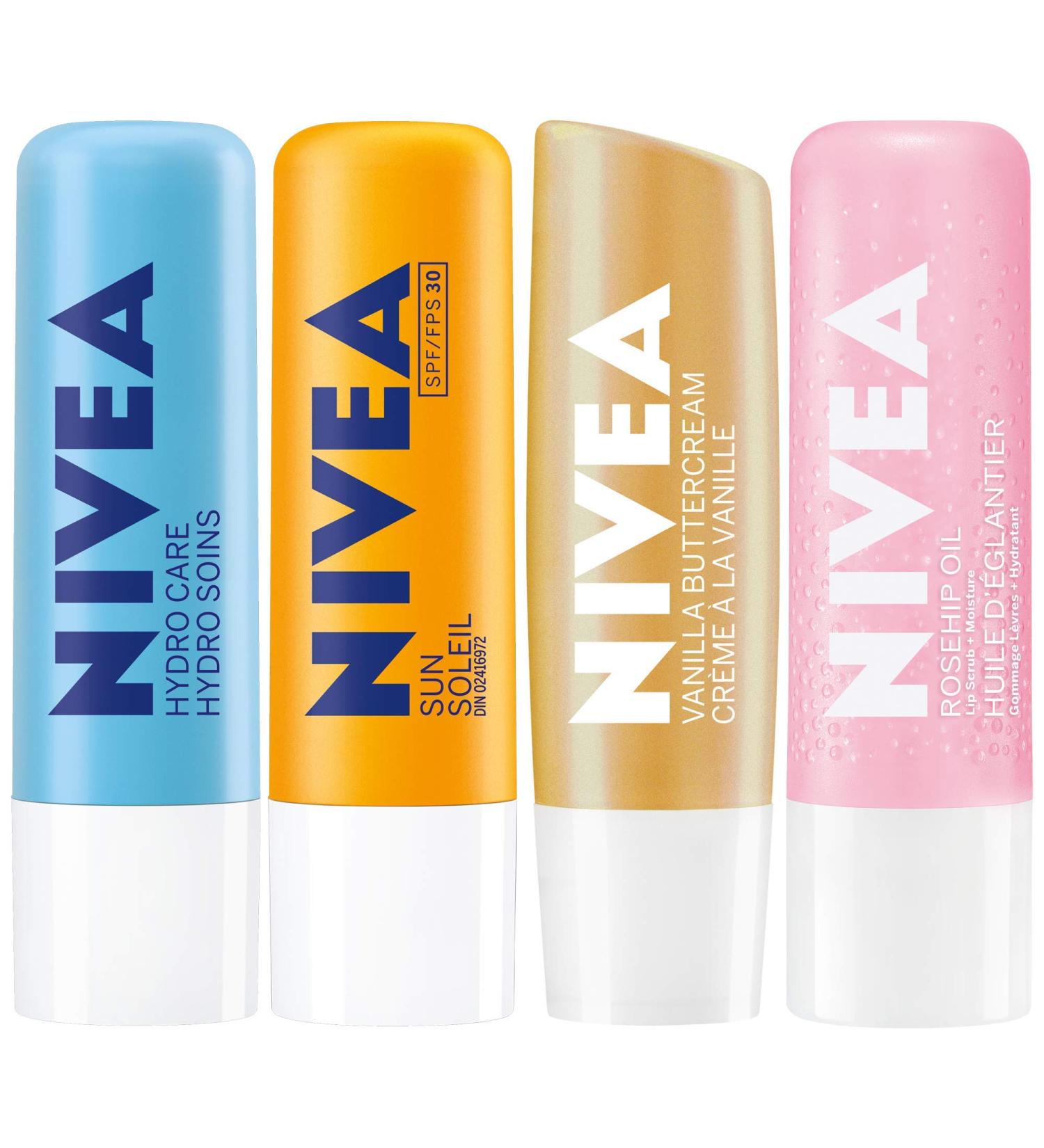 NIVEA Hydrating Caring Lip Balm Moisturizer Gift Pack | 24H Intensive Moisture | For Lasting Soft Smooth Lips | Includes NIVEA Sun SPF30 Lip Balm Hydro Care Lip Balm | 4x4.8g Stick - Buy Online on GoSupps.com
