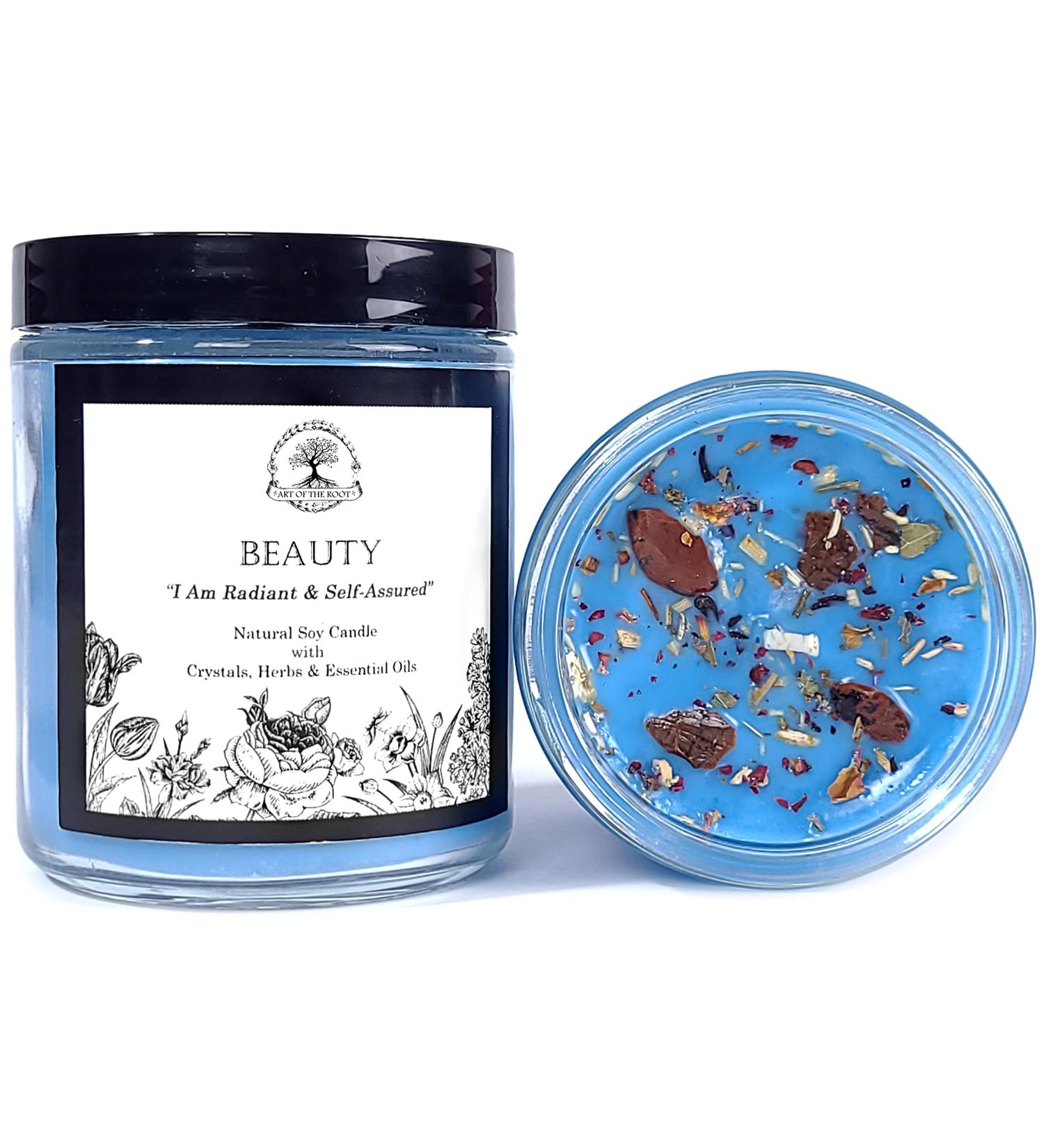 Beauty Affirmation Candle | 9 oz Natural Soy Wax | Crystals Herbs & Essential Oils | Confidence Empowerment & Self-Esteem Rituals | Wiccan Pagan Magick Spirutality