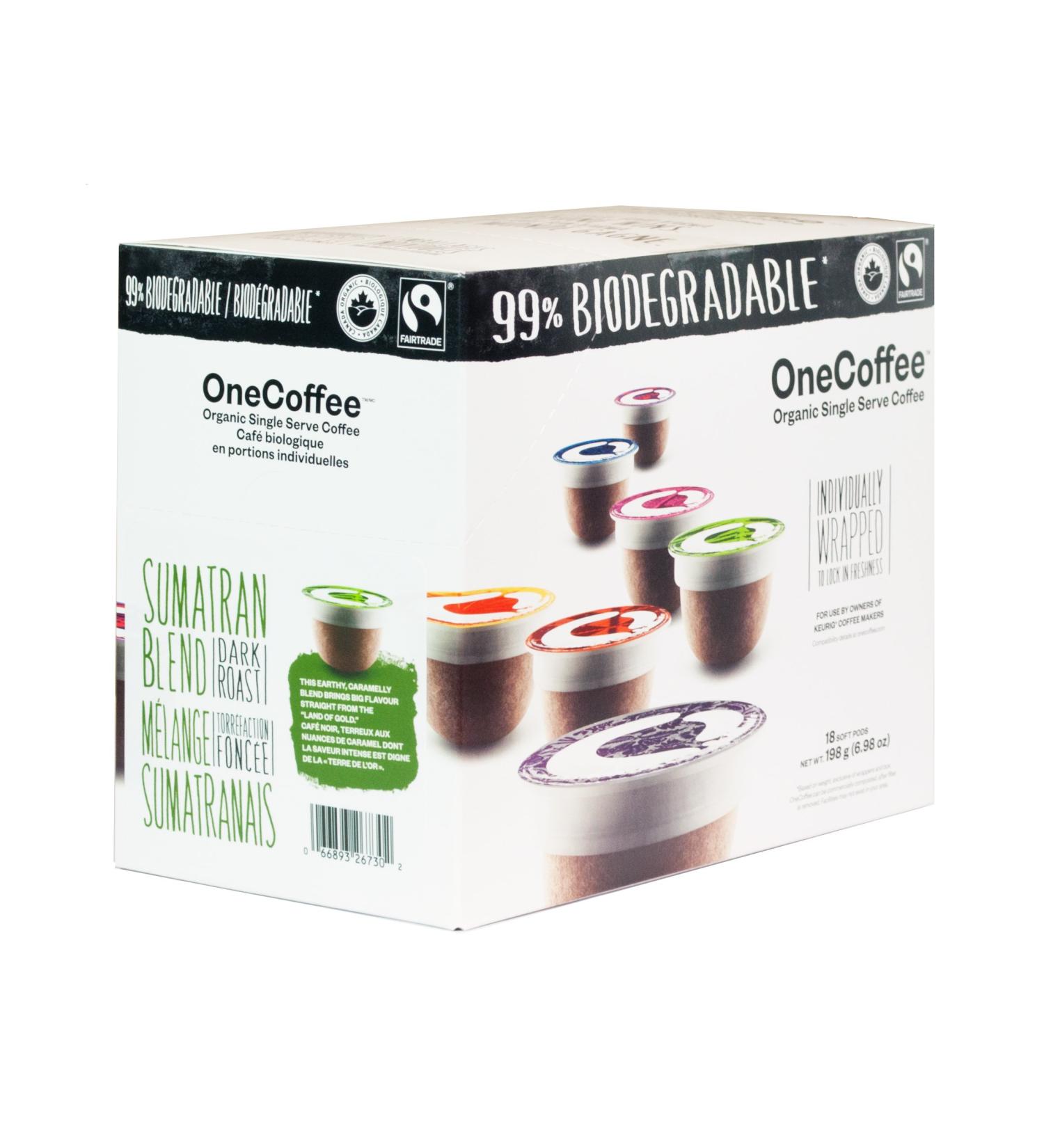 OneCoffee Biodegradable Organic Fairtrade Coffee Sumatran 18-Count Compatible with Keurig K-Cup Brewers