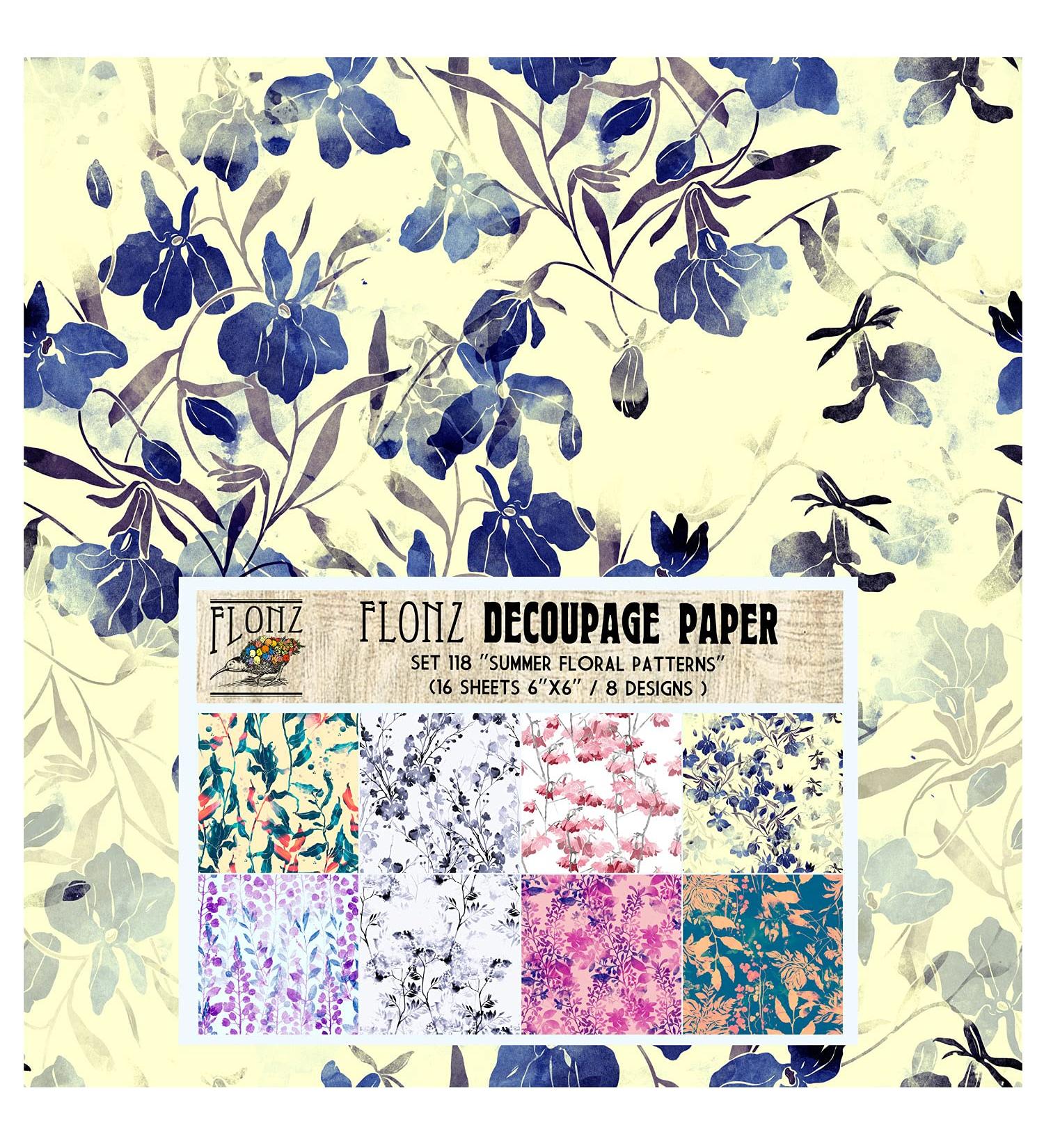 Decoupage Paper Pack (24 Sheets 6"x6") Summer Flowers Wildflowers FLONZ Vintage Styled Seamless Pattern Paper for Decoupage, Craft and Scrapbooking Ten