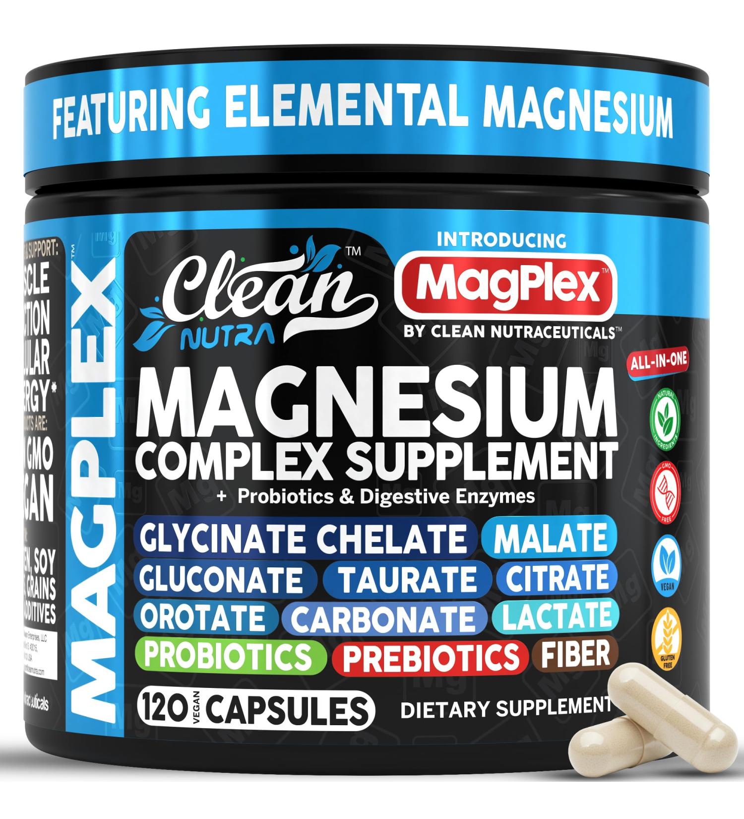 8in1 Magnesium Supplement Complex | Magnesium Glycinate Citrate Malate Gluconate Orotate Carbonate Lactate + Prebiotics Probiotics Digestive Enzymes Magnesio Capsules for Women Men by Clean Nutra - Buy Online on GoSupps.com