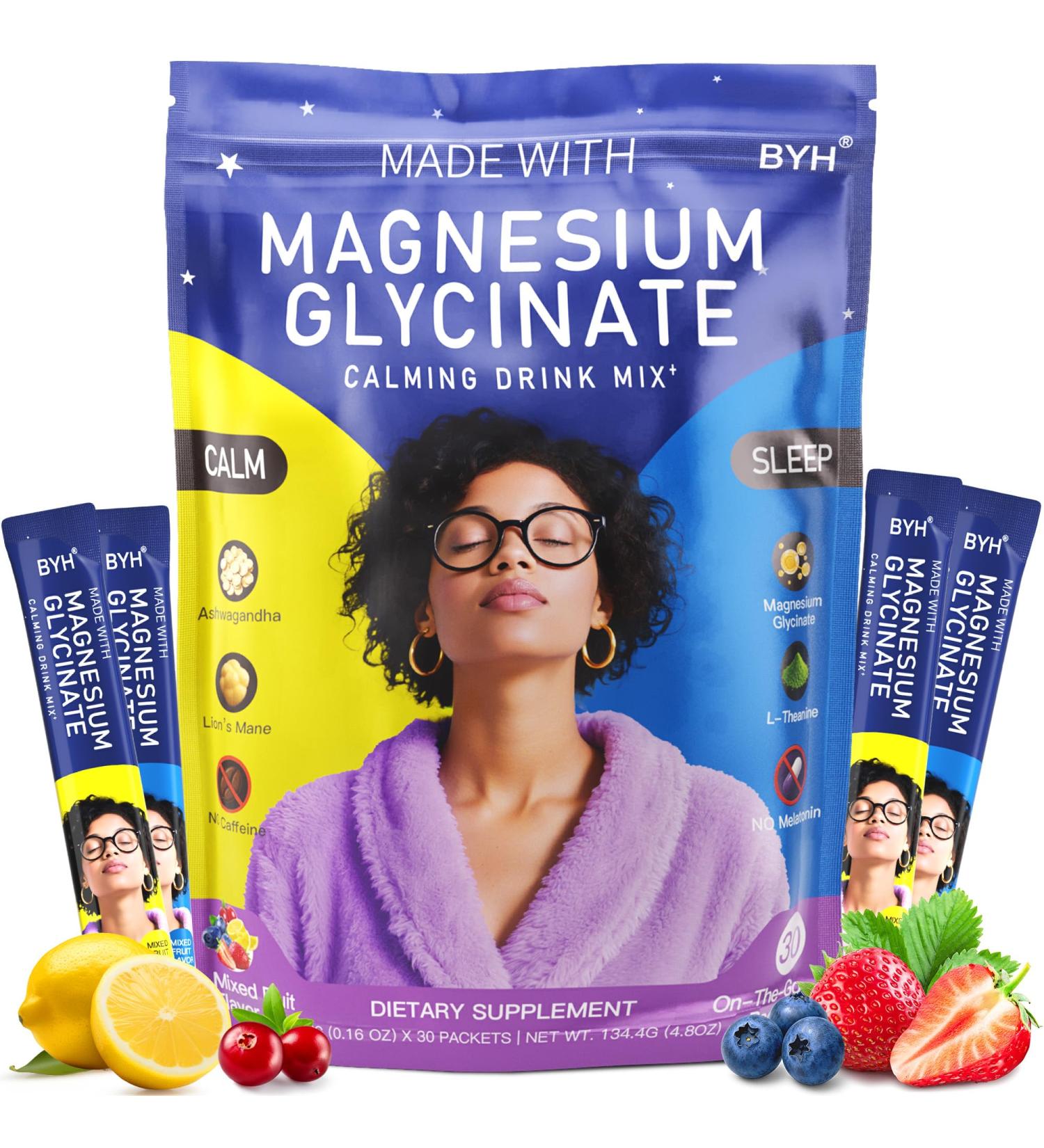 Calm Magnesium Powder Drink Mix - Magnesium Glycinate Ashwagandha Lions Mane Mushroom L-theanine Rhodiola Rosea Beetroot GABA Valerian Root - 30 Packets - Buy Online on GoSupps.com