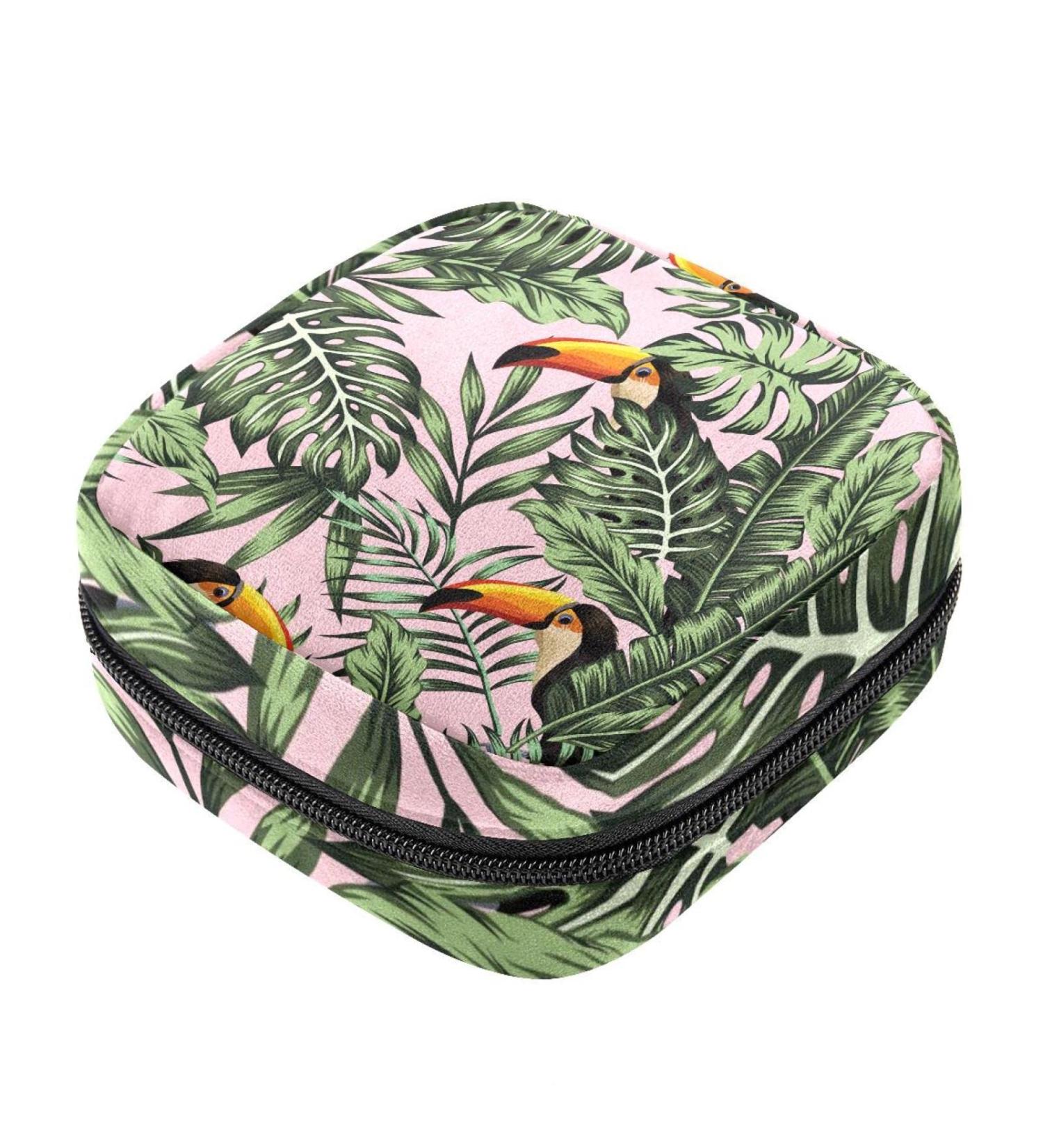 Jungle Palm Monstera Leaves Sanitary Napkin Storage Bag | Portable Menstrual Cup Holder for Women & Teens - Stylish Design - Buy Online on GoSupps.com