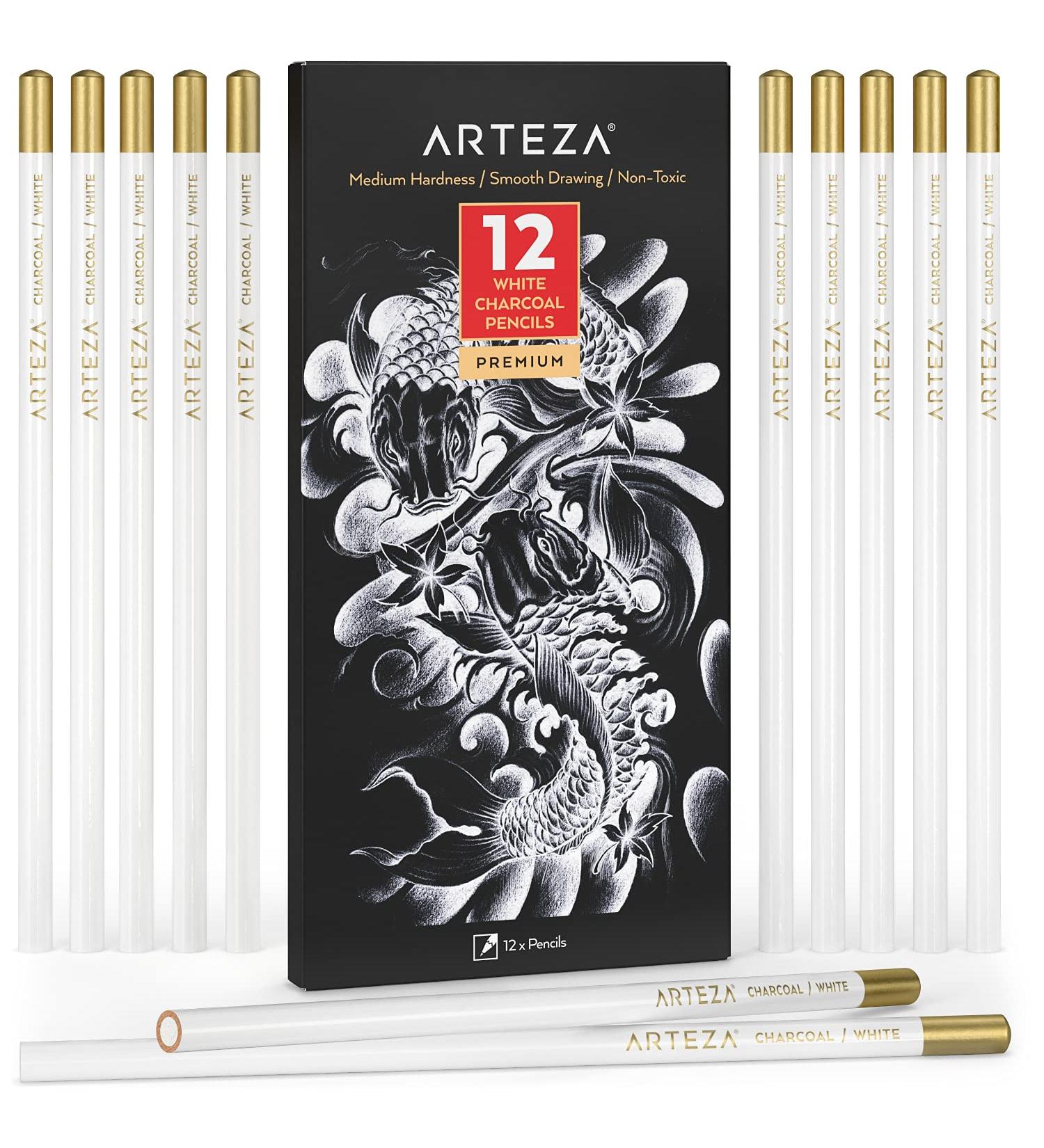 ARTEZA White Charcoal Pencils - Pack of 12 Medium-Hard Sketching Crayons for Drawing and Highlighting - Buy Online on GoSupps.com