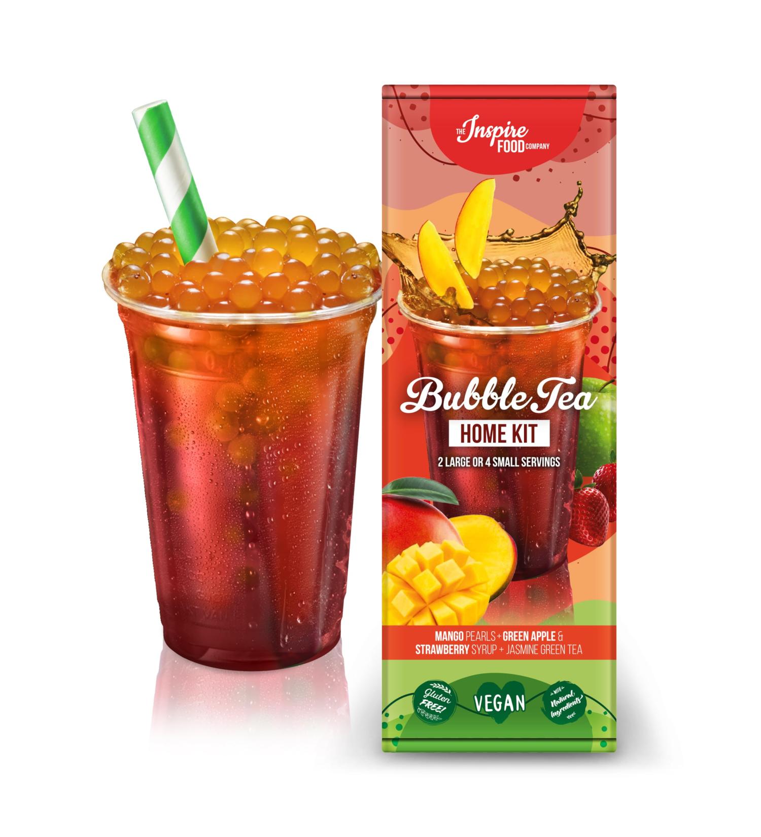 Inspire Food Bubble Tea Set | 100g Mango Boba 30ml Strawberry & Green Apple Syrups 4 Straws + 2 Jasmine Teas | 100% Vegan Gluten-Free No Artificial Dyes - Buy Online on GoSupps.com