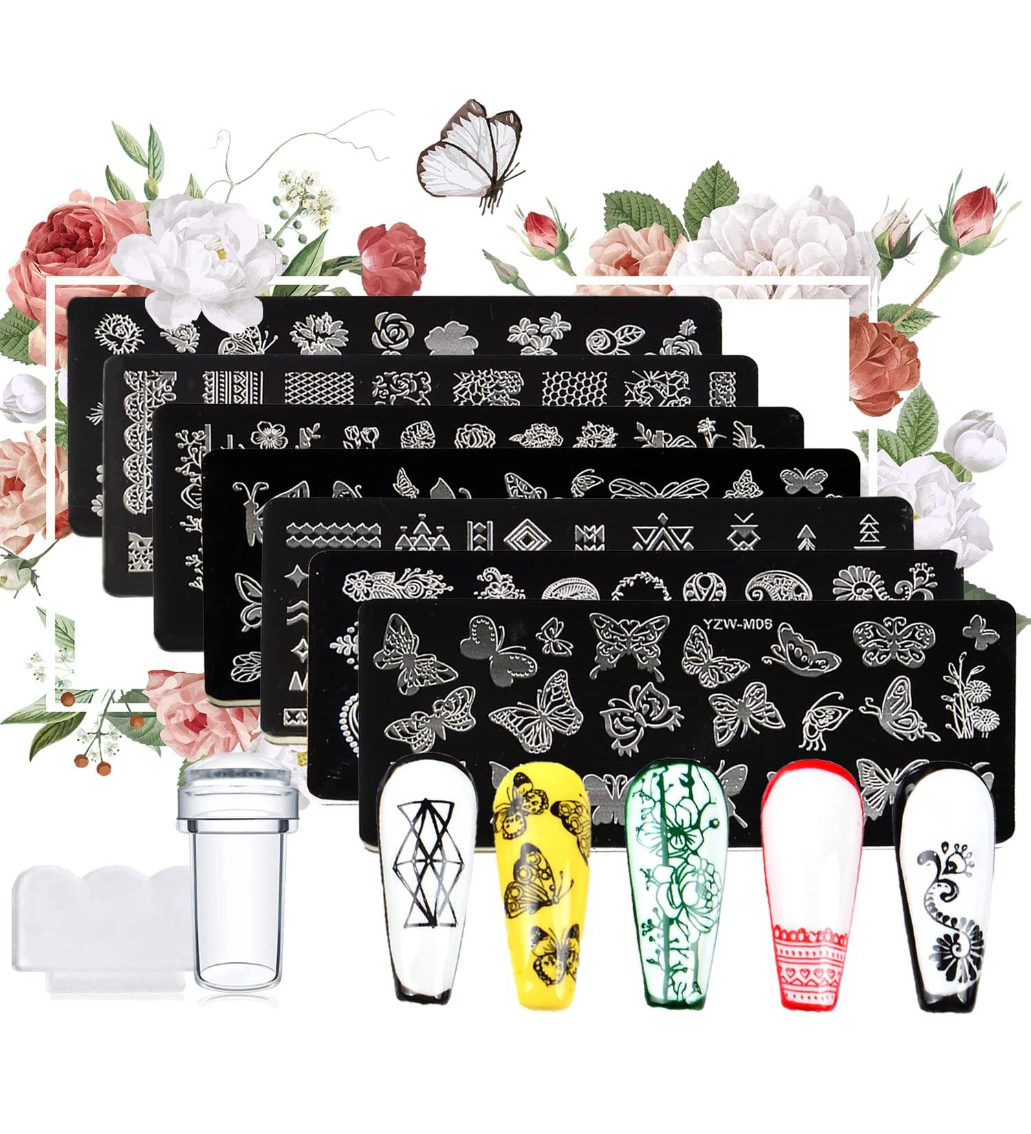 7 Pcs Nail Stamping Plates Set with Lace Flower Butterfly Designs - Nail Art Stamper and Scraper Bundle for Creative Nails - Buy Online on GoSupps.com