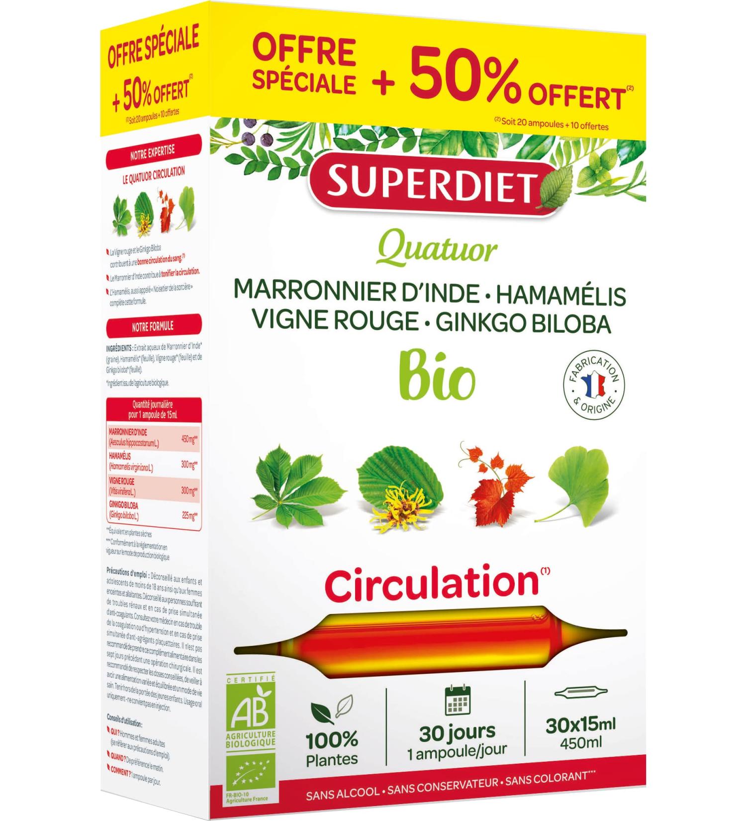 SUPERDIET - ORGANIC CIRCULATION QUARTET- Traffic Light legs - Horse chestnut Witch hazel Red vine Ginkgo biloba - Economical size -30 ampoules of 15 ml (Packaging may vary)