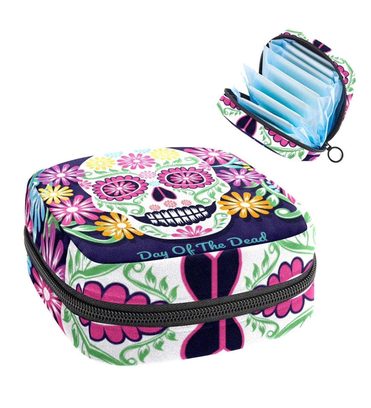 Day of The Dead Sanitary Napkin Storage Bag - Portable Feminine Menstrual Cup Pouch in Multi-colored Sugar Skull Design - Ideal for Women and Teen Girls - Buy Online on GoSupps.com
