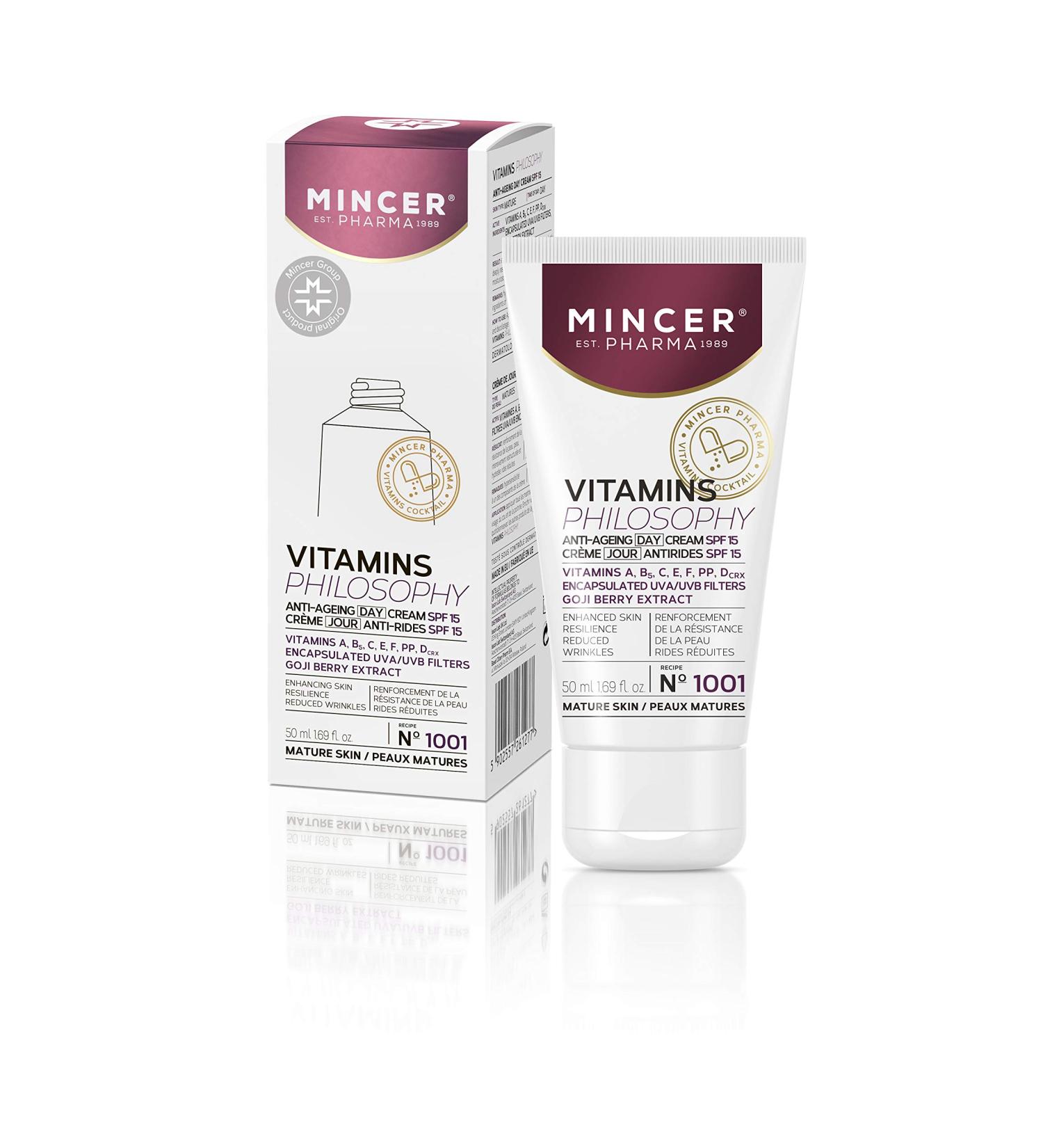  MINCER EST. PHARMA 1989 Mincer Pharma Vitamins Philosophy Anti-Ageing Day Cream SPF 15 for Mature Skin with UVA and UVB Filters Vitamins A B C E F PP D and Goji Berry Extract 50ml - Buy Online on GoSupps.com