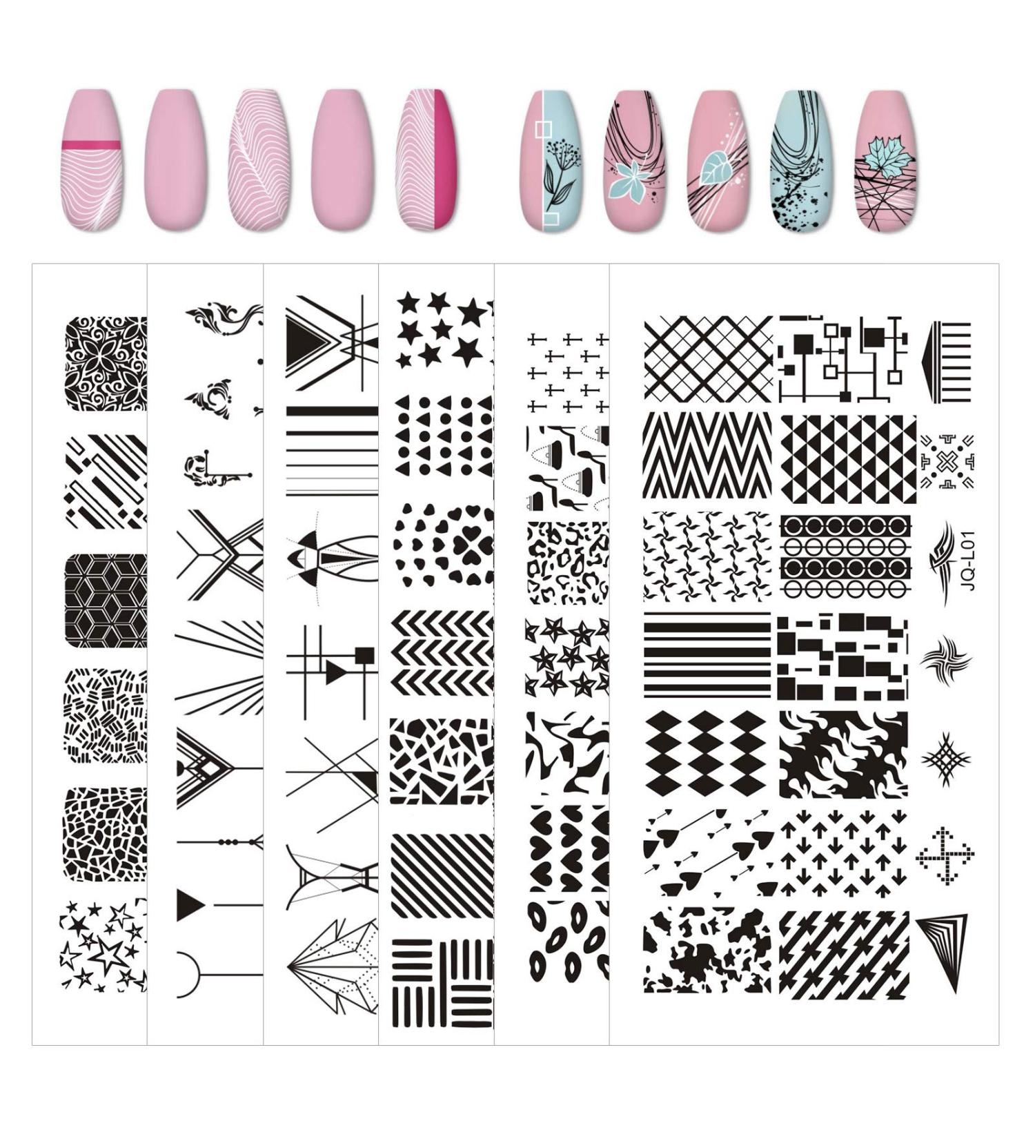 NICENEEDED Striped Geometric Theme Nail Art Stamping Kit With 6 PCS Nail Stamping Plates For Women Nail Art Template Striped Geometric Pattern Templates Image Plates For Nail Decoration DIY Print Style 1 - Buy Online on GoSupps.com