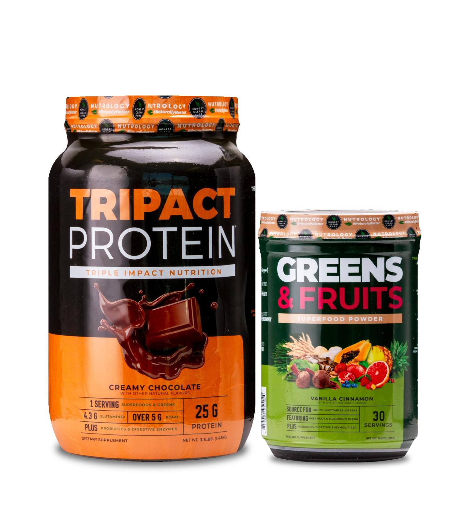 Nutrology TRIPACT Protein Powder 7-in-1 Meal Replacement Shake Creamy Chocolate (40 Servings) Greens & Fruits Powder-Naturally Sourced Superfood Vanilla Cinnamon (30 Servings) - Buy Online on GoSupps.com