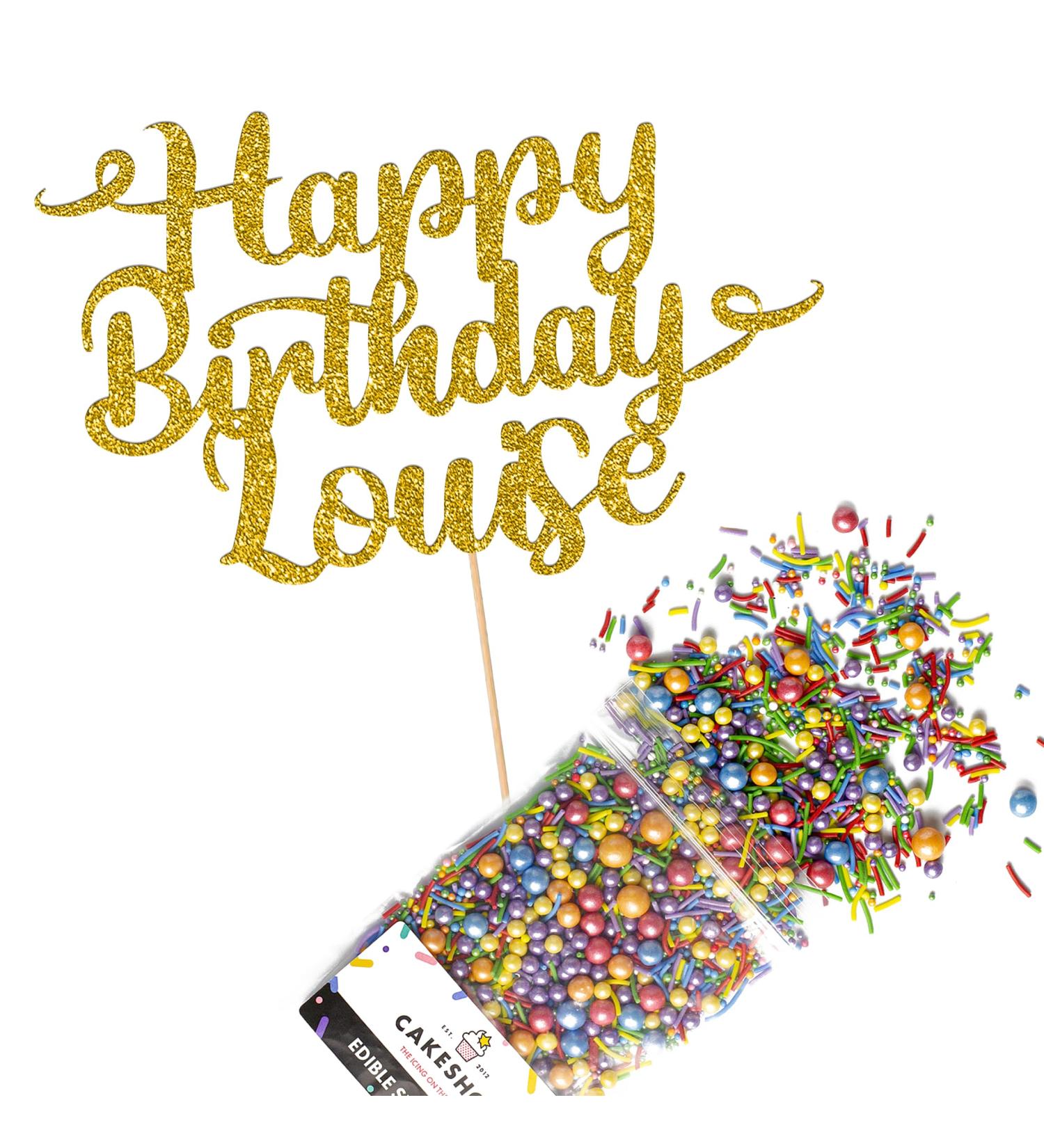 Cakeshop Cake Decoration Pack | Happy Birthday Premium Double Sided Glitter Card Cake Topper Sign & 25g Party Pack of Cake Sugar Sprinkles | Custom Name Cake Decorations (Gold) Non-Prime Glitter Card: Gold - Buy Online on GoSupps.com