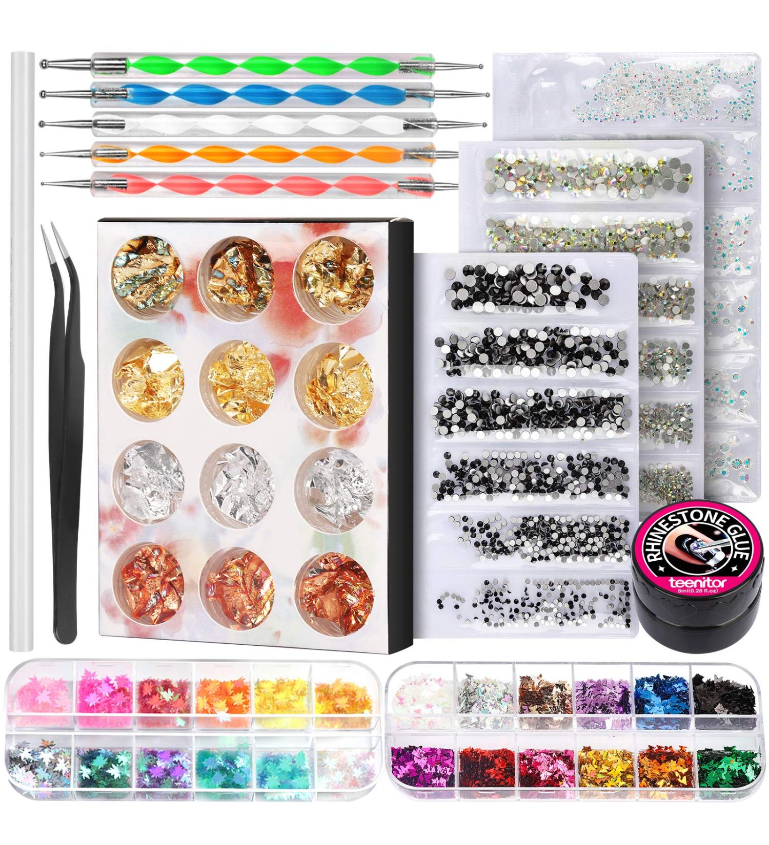 Teenitor Nail Rhinestone Kit with Glue - Crystal AB, Flatback, Clear, Black Rhinestones, Nail Foil Flakes, Sequins for Nail Art - Buy Online on GoSupps.com