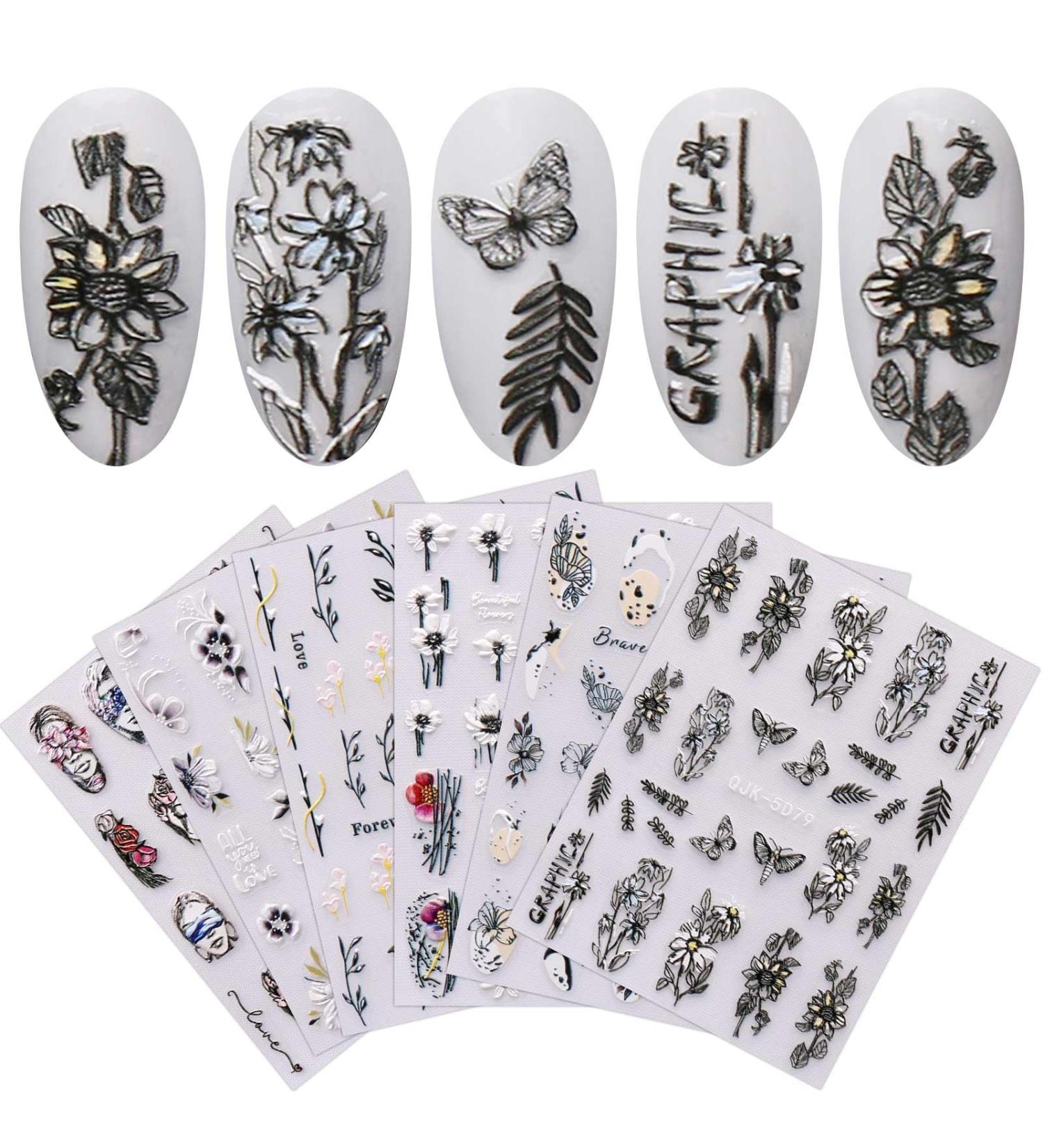 JMEOWIO 6 Sheets 3D Embossed Spring Flower Nail Art Stickers Decals Self-Adhesive 5D Colorful Summer Floral Nail Supplies Nail Art Design Decoration Accessories - Buy Online on GoSupps.com