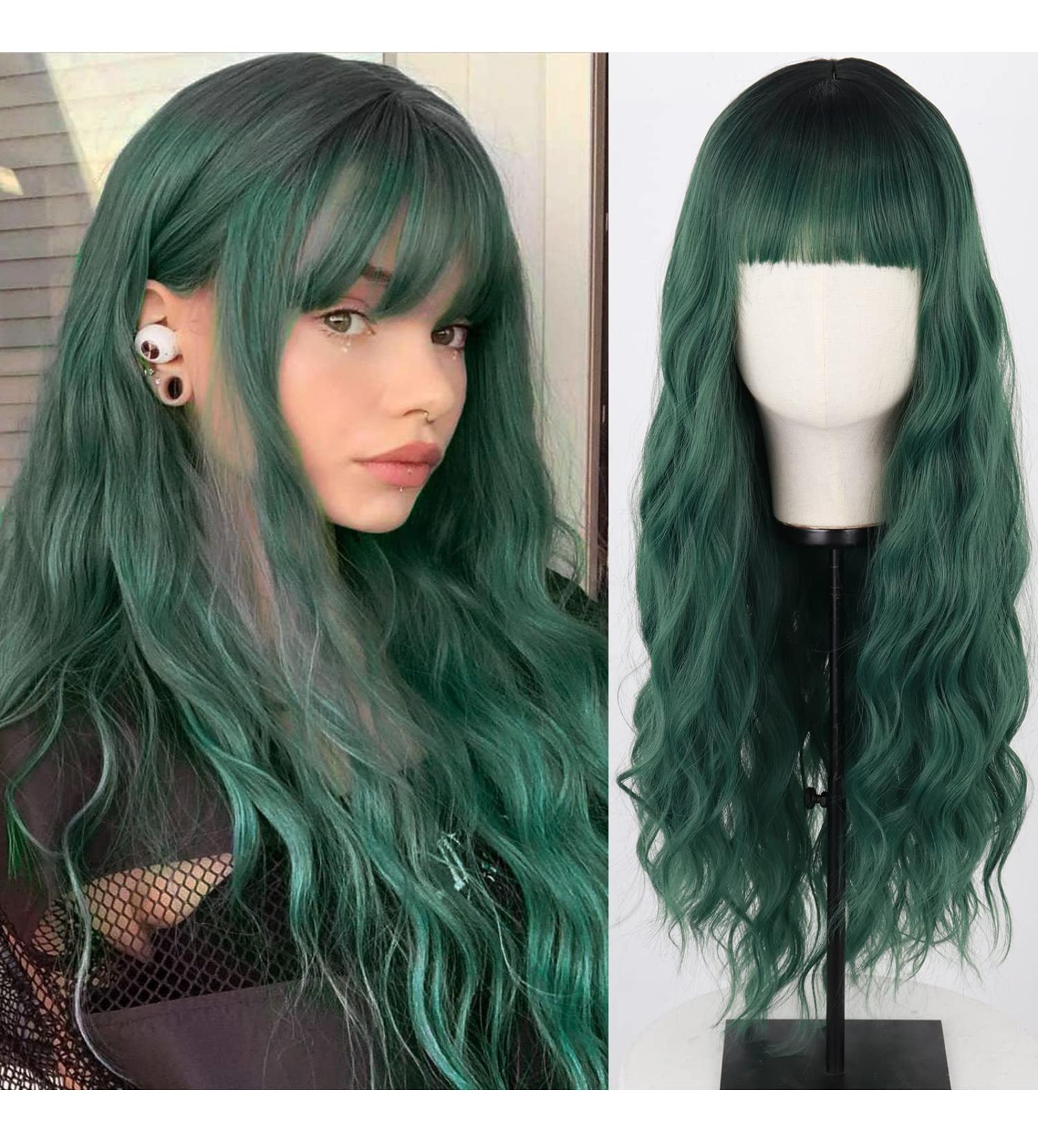 MERISIHAIR Long Dark Green Wig with Bangs - Ombre Curly Synthetic Wig for Women | Perfect for Daily & Party Use - Buy Online on GoSupps.com