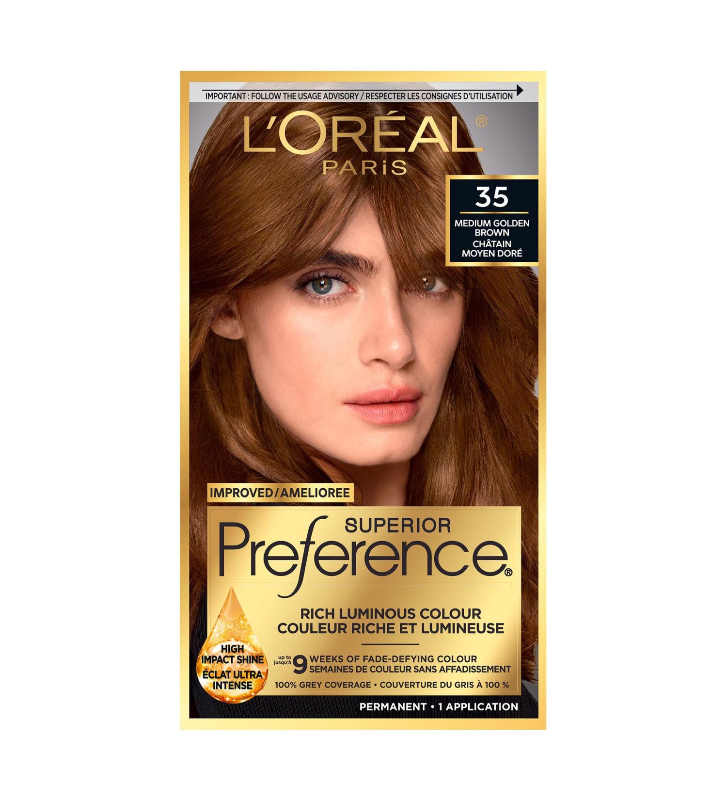 L Or al Paris Superior Preference 9 weeks of Luminous Fade-Defying Permanent Hair Dye 35 Medium Golden Brown 100% Grey Coverage 1 Hair Dye Kit (Packaging May Vary) 1 Count ( Pack Of 1 ) Medium Golden Brown - Buy Online on GoSupps.com