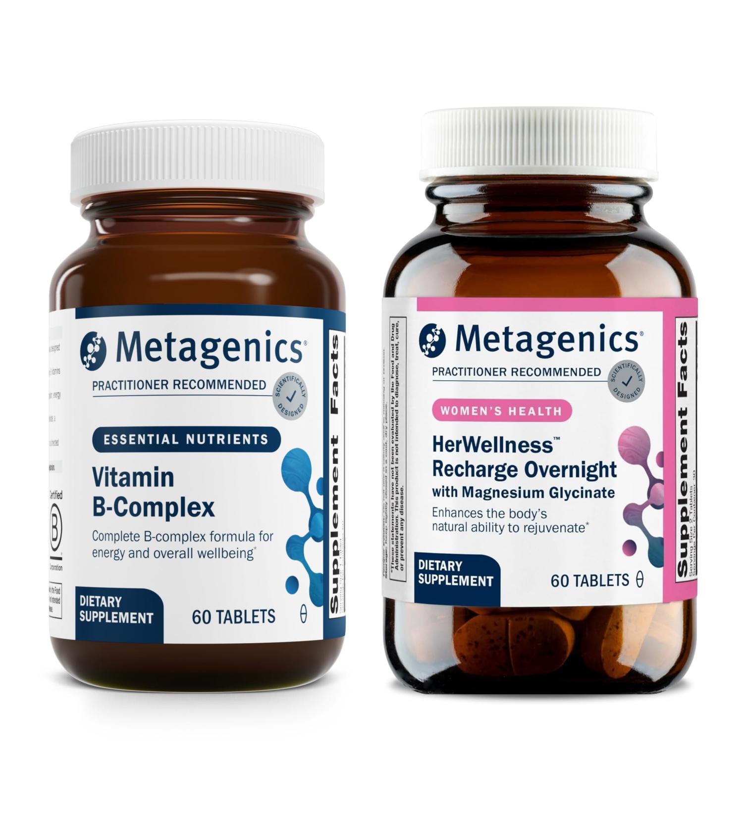 Metagenics Vitamin B-Complex + HerWellness Recharge Overnight - Energy Support & Healthy Stress Response - With Vitamin B6 & B12 - Vegetarian & Gluten-Free - 60 Tablets + Women's Sleep Support Supplem - Buy Online on GoSupps.com