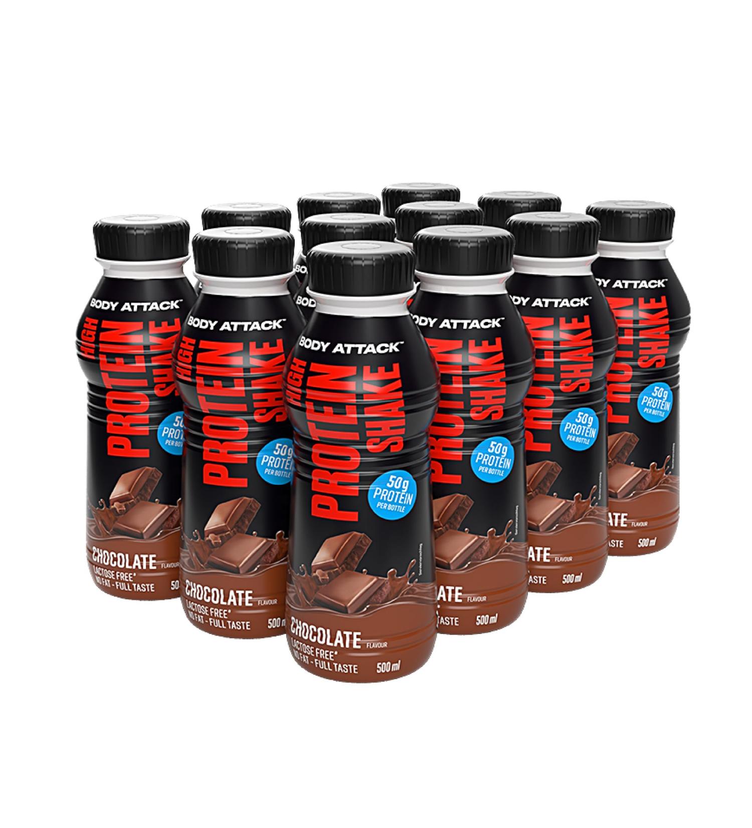 Body Attack High Protein Shake - Chocolate | 12 x 500ml | 50g Protein for Muscle Building | Ready-to-Drink | Made in Germany - Buy Online on GoSupps.com