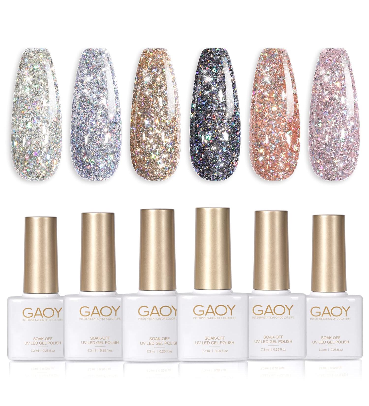 GAOY Chrome Platinum Glitter Gel Nail Polish Set of 6 Colors Including Sparkly Shiny Black Silver Pink Gel Polish Kit U V LED Soak Off Nail Polish Home DIY Manicure Nail Salon Varnish - Buy Online on GoSupps.com