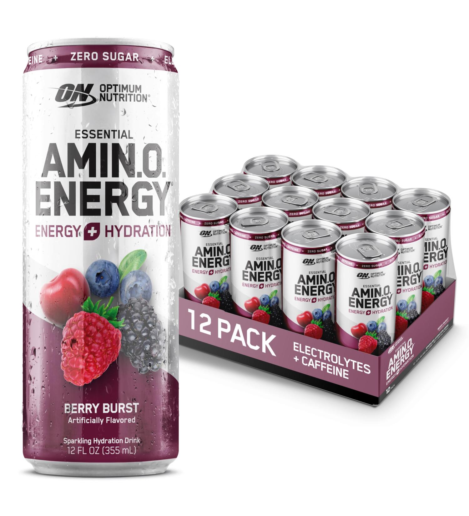 Optimum Nutrition Amino Energy Sparkling Hydration Drink - Sugar Free Berry Burst 12 Pack with Electrolytes & BCAAs - International Shipping Available - Buy Online on GoSupps.com