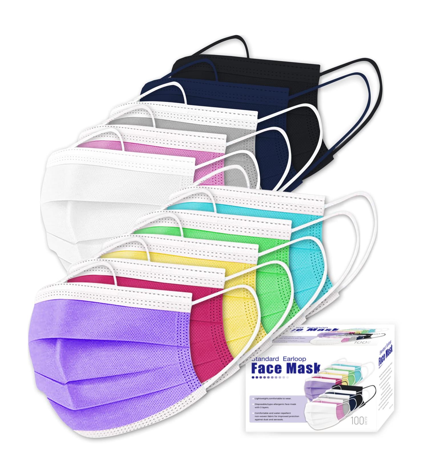 100 Pcs Multicolor Adult Face Masks - 3 Layers Filter, Non-Woven Disposable Masks - Anti Dust, Breathable Design with Ear Loops - Pack of 100 - Buy Online on GoSupps.com