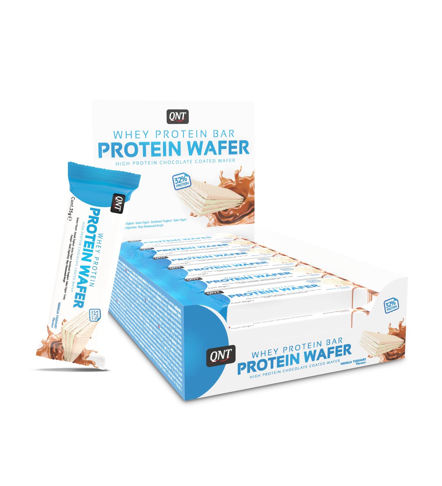 QNT Protein Wafer bar vanilla yogurt 32% pure whey protein crunchy texture low sugar box of 12 bars (12 x 35g)