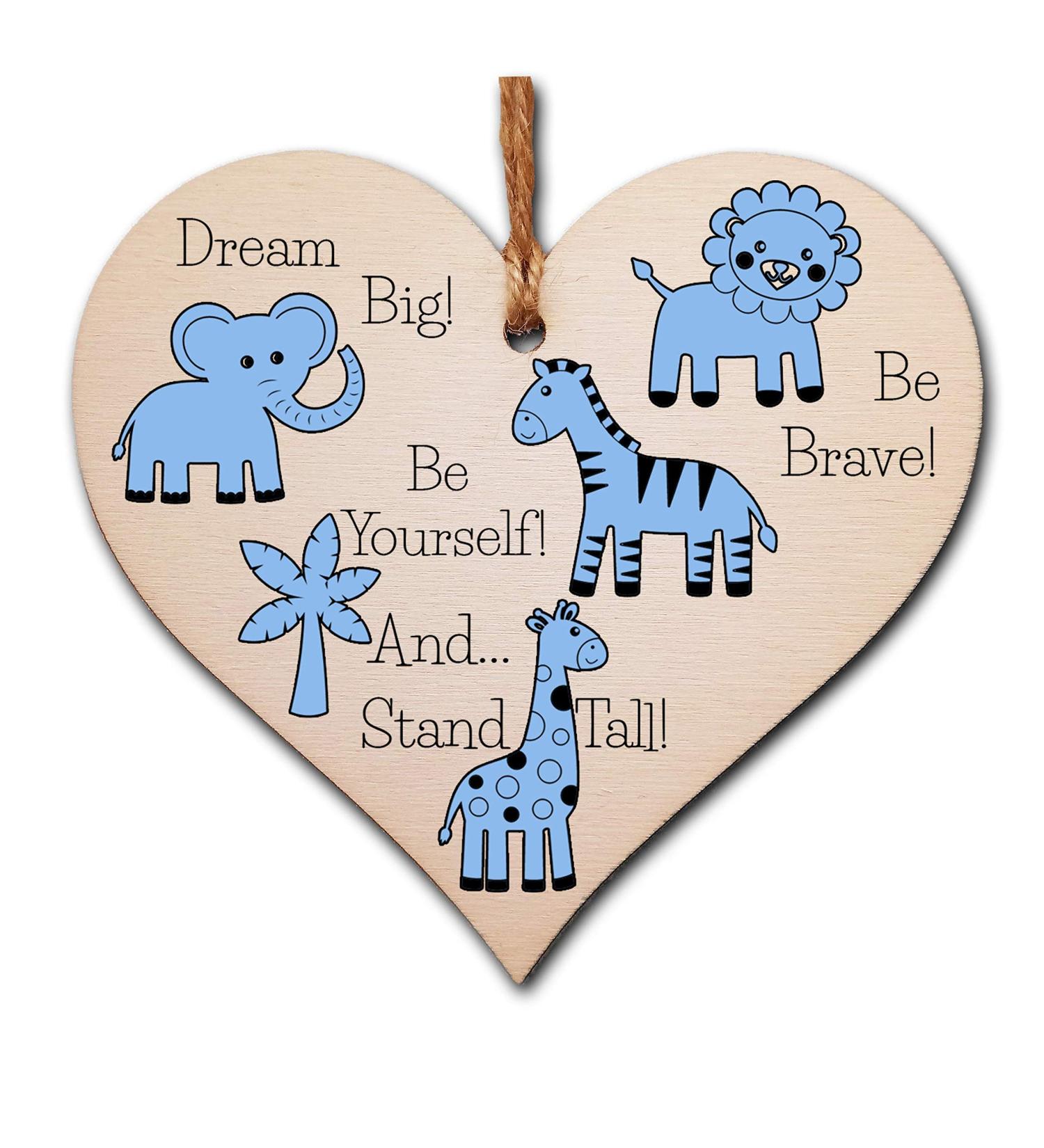 Plum Penguin Handmade Wooden Hanging Heart Plaque - Be Brave, Dream Big, Be Yourself | Blue Safari Animals Nursery Wall Decoration - Ideal New Baby Gift - Buy Online on GoSupps.com